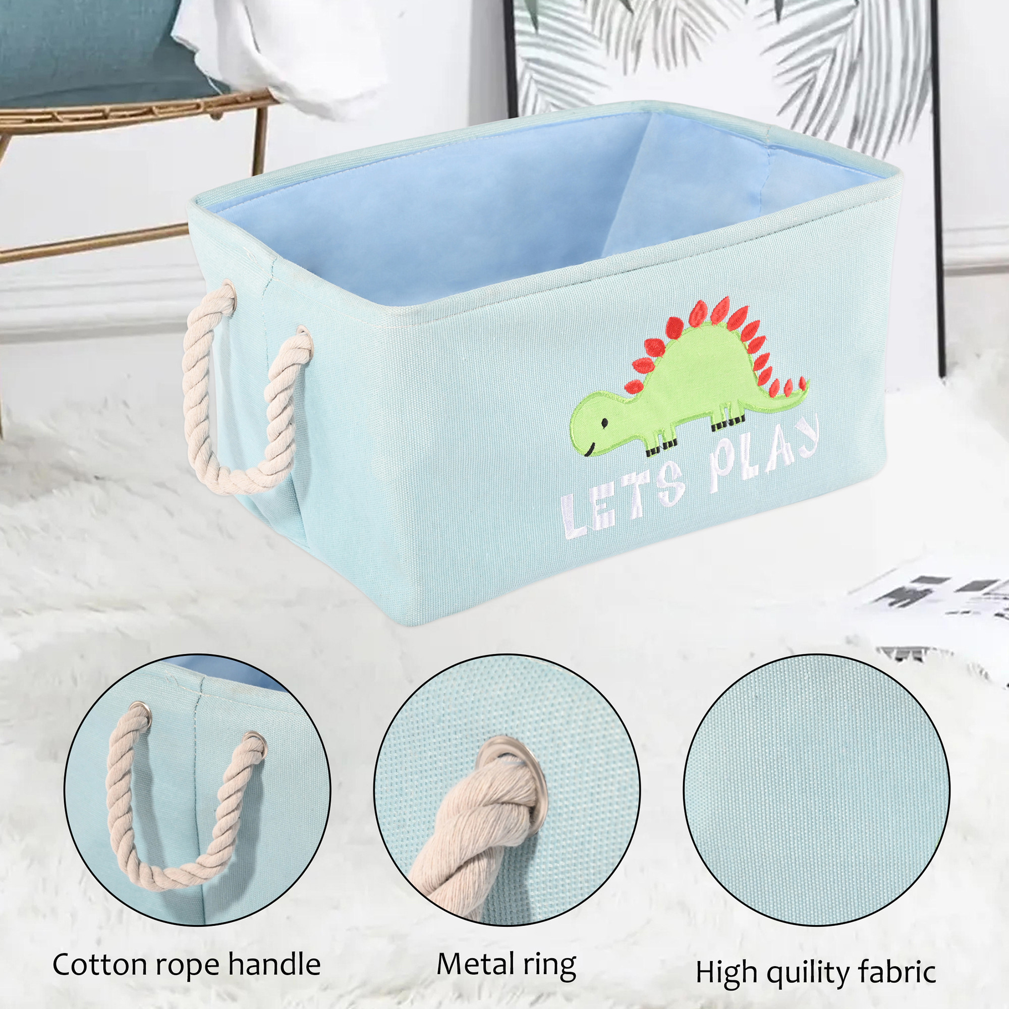 Kuber Industries Multipurpose Foldable Almirah ClosetDrawer Storage Basket with Carry Handles for Cloth  Toys  Kids Toy Storage BasketBox Organizer  GM-23-BLU  Dinosaur - Sky Blue