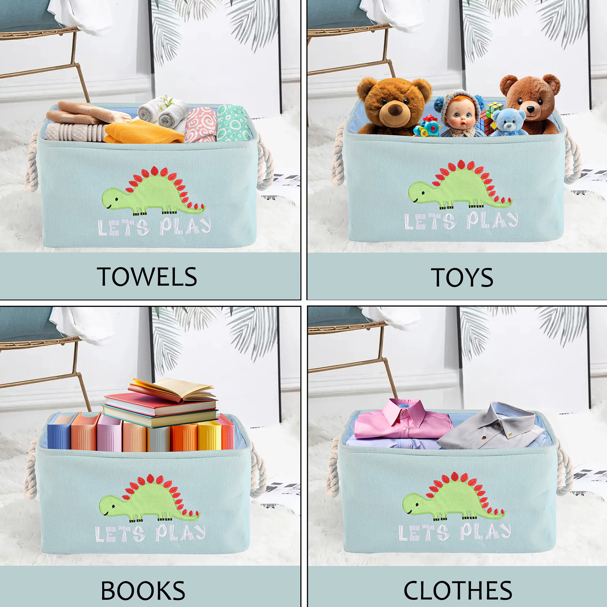 Kuber Industries Multipurpose Foldable Almirah ClosetDrawer Storage Basket with Carry Handles for Cloth  Toys  Kids Toy Storage BasketBox Organizer  GM-23-BLU  Dinosaur - Sky Blue