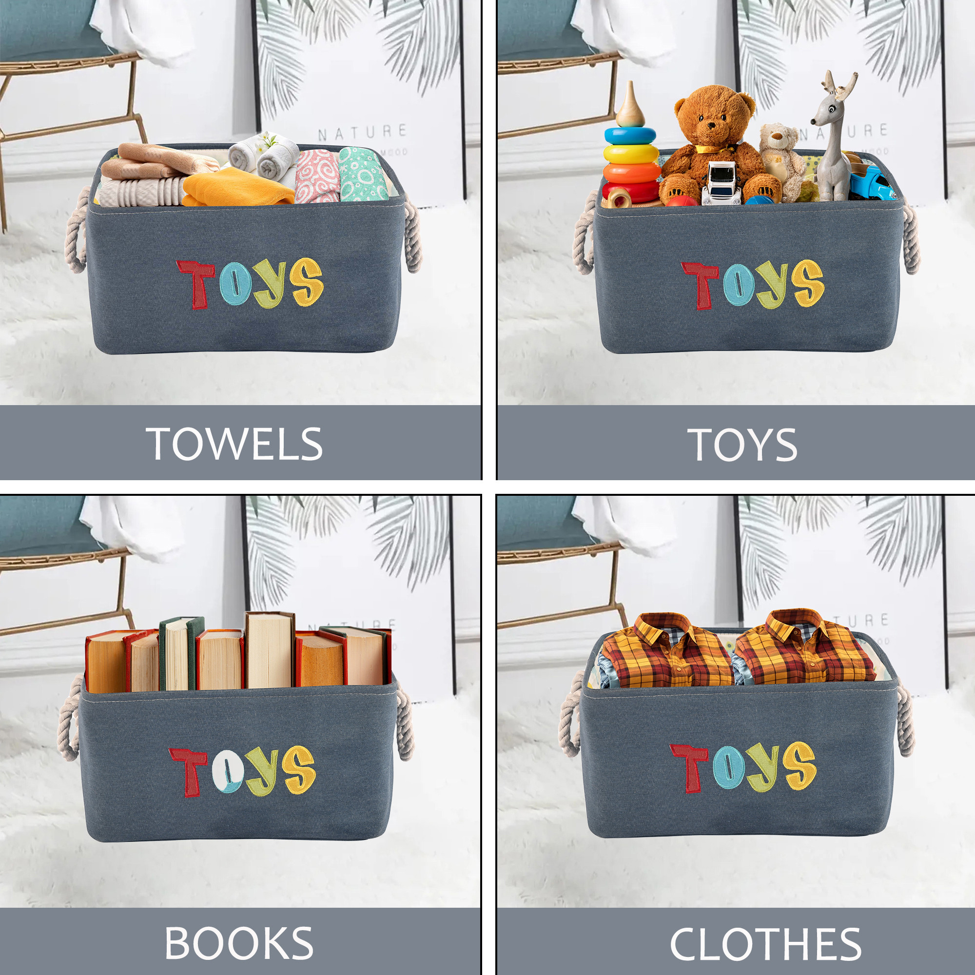 Kuber Industries Multipurpose Foldable Almirah ClosetDrawer Storage Basket with Carry Handles for Cloth  Toys  Kids Toy Storage BasketBox Organizer  GM-23-NBLU  Toys Print - Navy Blue