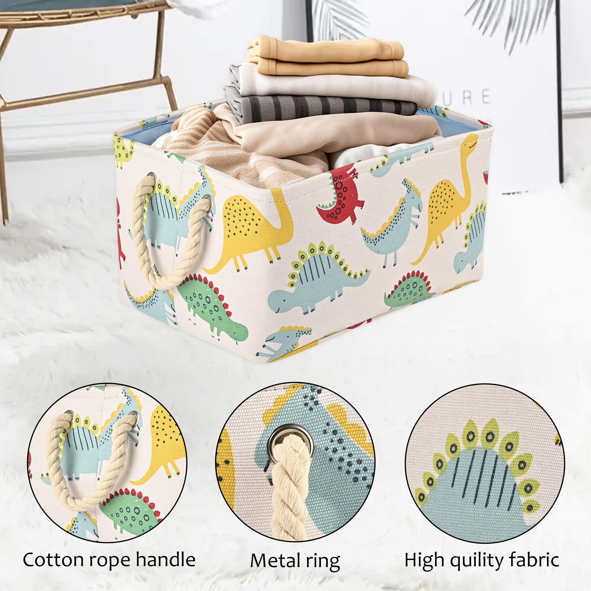 Kuber Industries Multipurpose Foldable Almirah ClosetDrawer Storage Basket with Carry Handles for Cloth  Toys  Kids Toy Storage BasketBox Organizer  GM-23-WHH  White dinosaur
