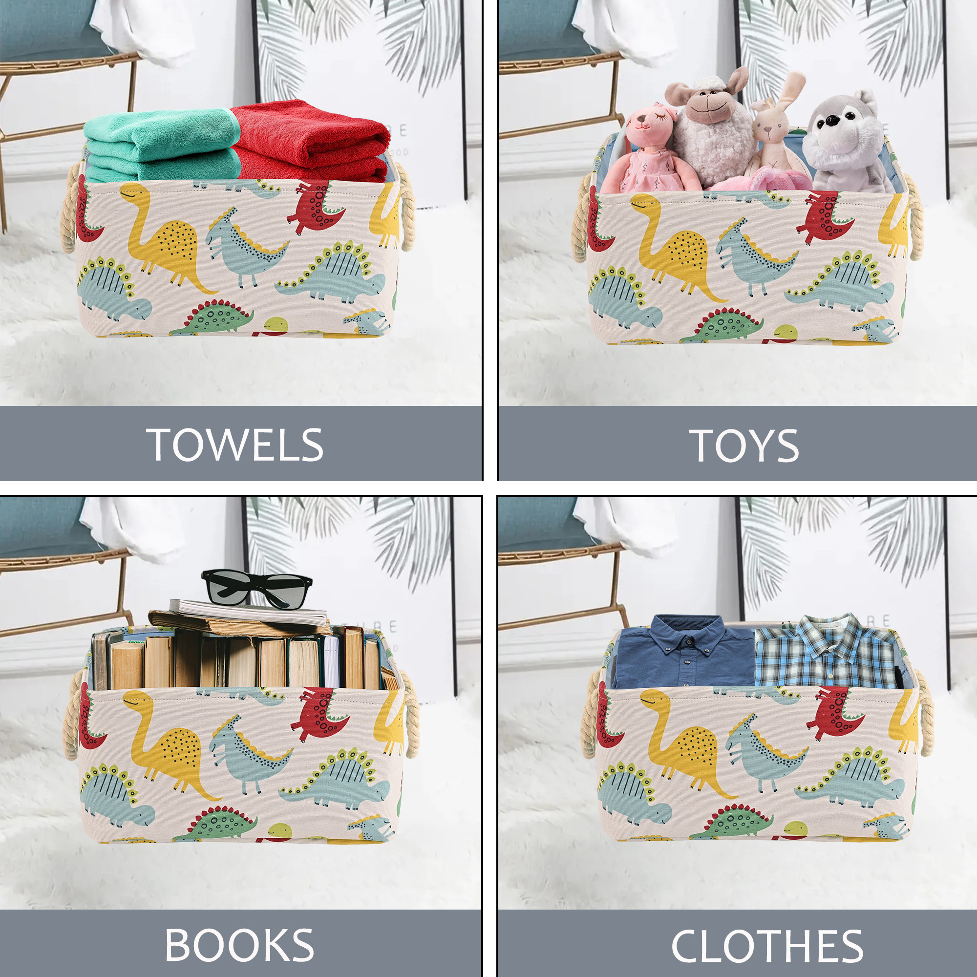 Kuber Industries Multipurpose Foldable Almirah ClosetDrawer Storage Basket with Carry Handles for Cloth  Toys  Kids Toy Storage BasketBox Organizer  GM-23-WHH  White dinosaur