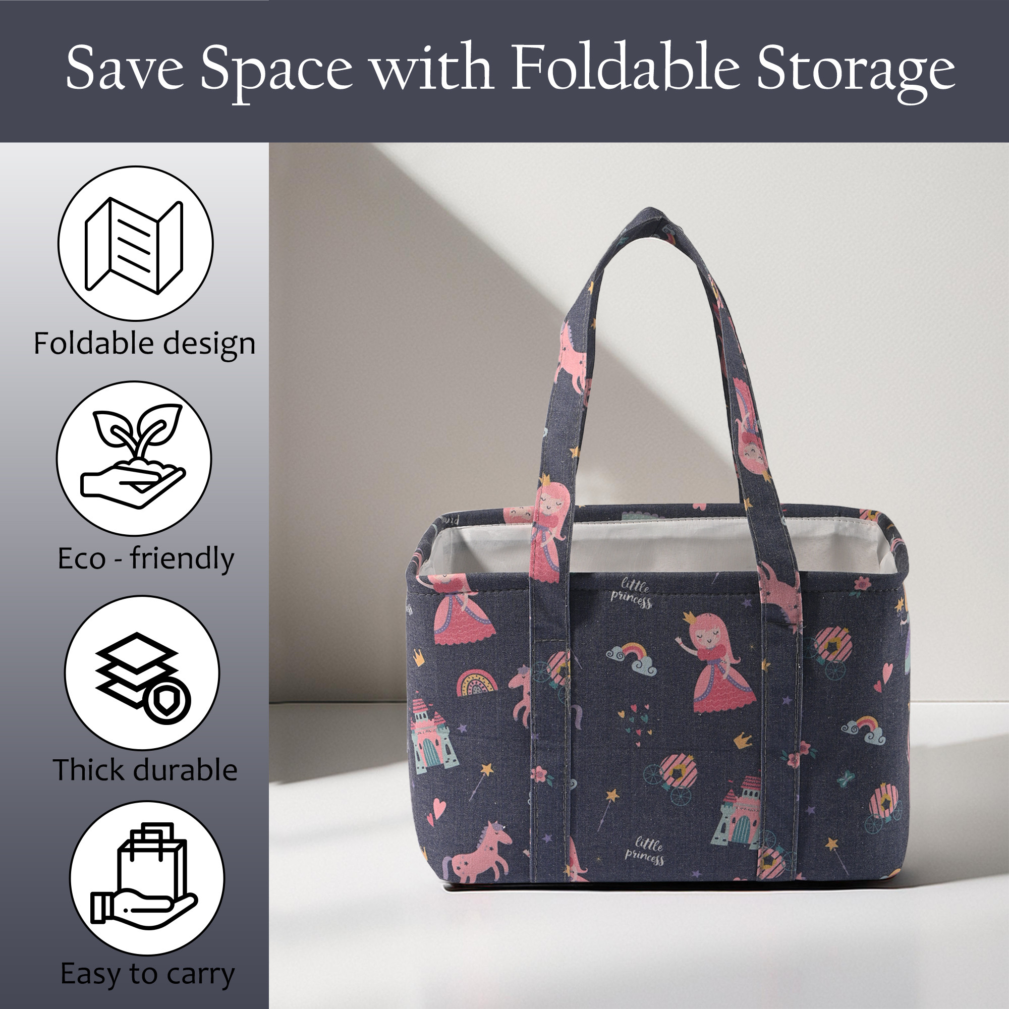 Kuber Industries Multipurpose Foldable Almirah ClosetDrawer Storage Basket with Carry Handles for Cloth  Toys  Kids Toy Storage BasketBox Organizer  GM-20-PUR  Little Princess - Purple