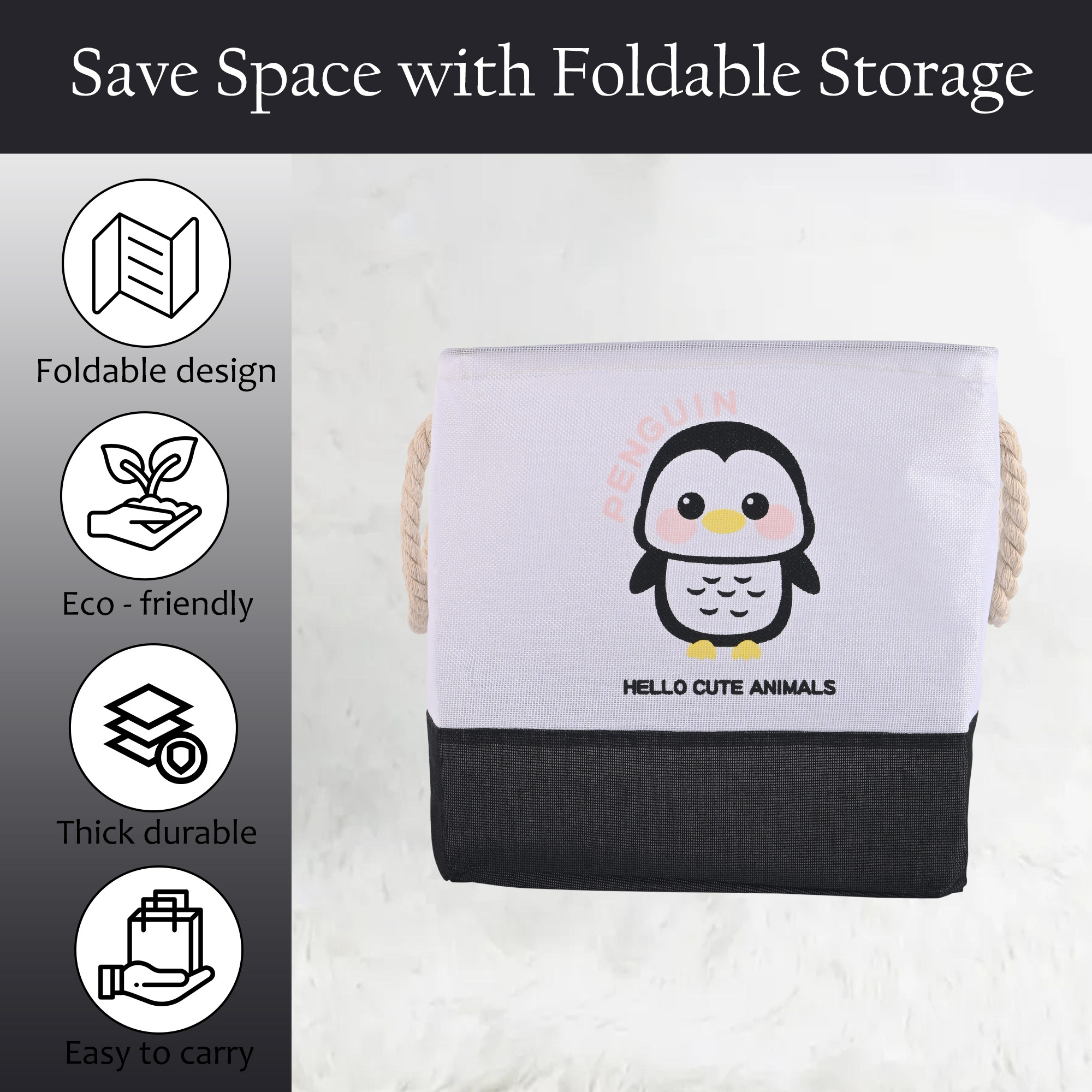 Kuber Industries Multipurpose Foldable Almirah ClosetDrawer Storage Basket with Carry Handles for Cloth  Toys  Kids Toy Storage BasketBox Organizer  GM-32-BLK  Penguin - Black  White