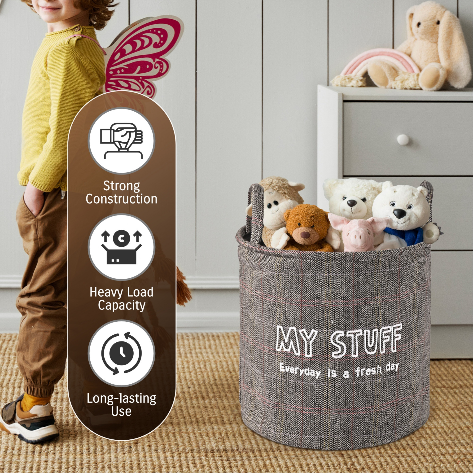 Kuber Industries Multipurpose Foldable Almirah ClosetDrawer Storage Basket with Carry Handles for Cloth  Toys  Kids Toy Storage BasketBox OrganizerLaundry Hamper GM-24-DBRN  Grey