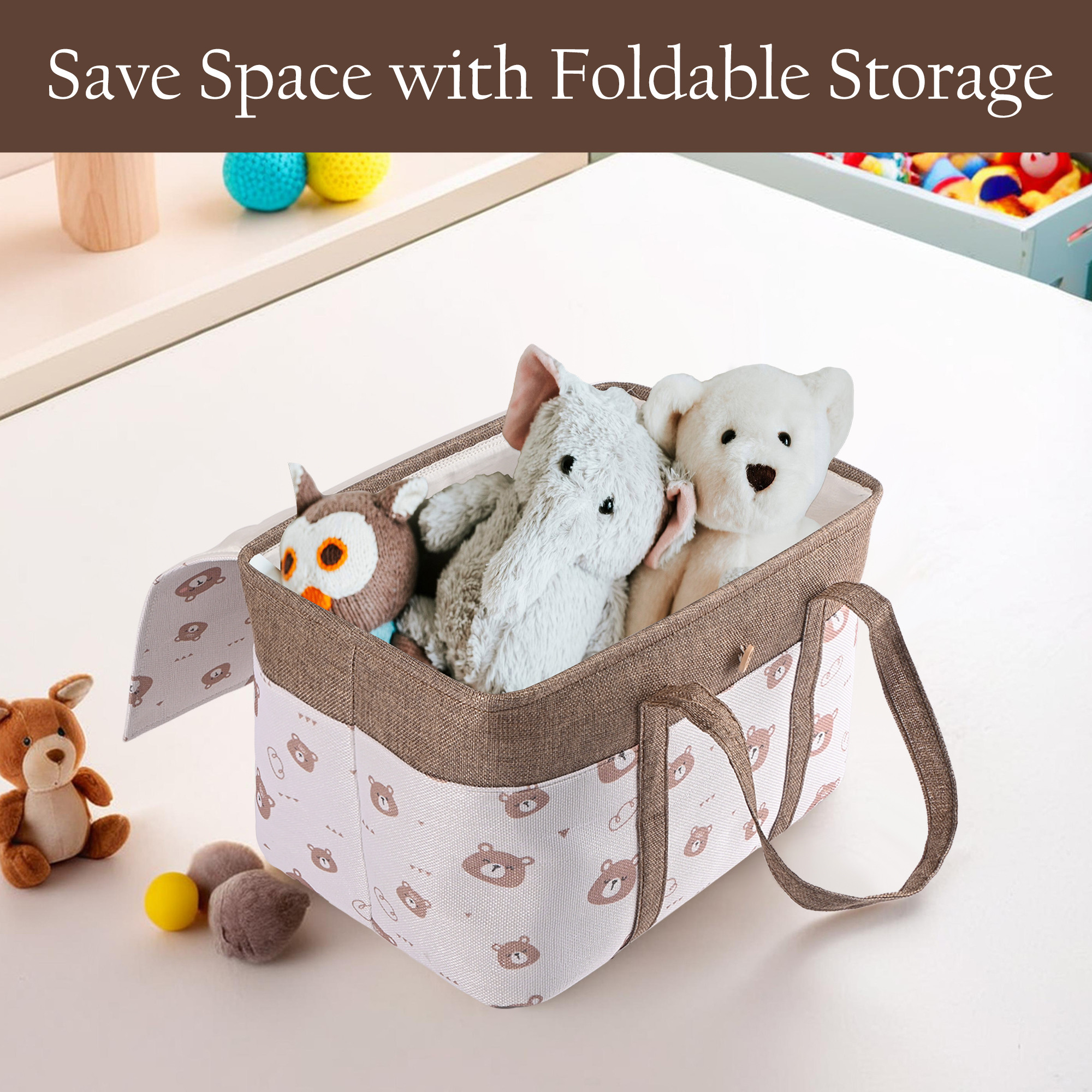 Kuber Industries Multipurpose Foldable Almirah ClosetDrawer Storage Basket with Lid  Carry Handles for Clothes  Toys  Kids Toy Storage BasketBox Organizer  GM-18-BRN  Brown Bear