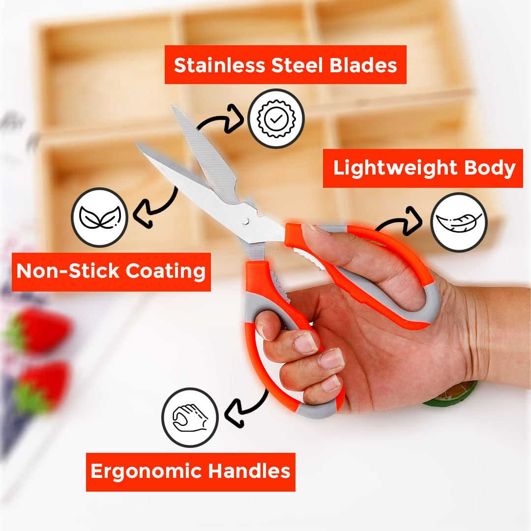 Kuber Industries Multipurpose Kitchen Scissors For Home & Gardening Needs|High Grade Stainless Steel Blades|Precision Ground Edge|K024|Orange