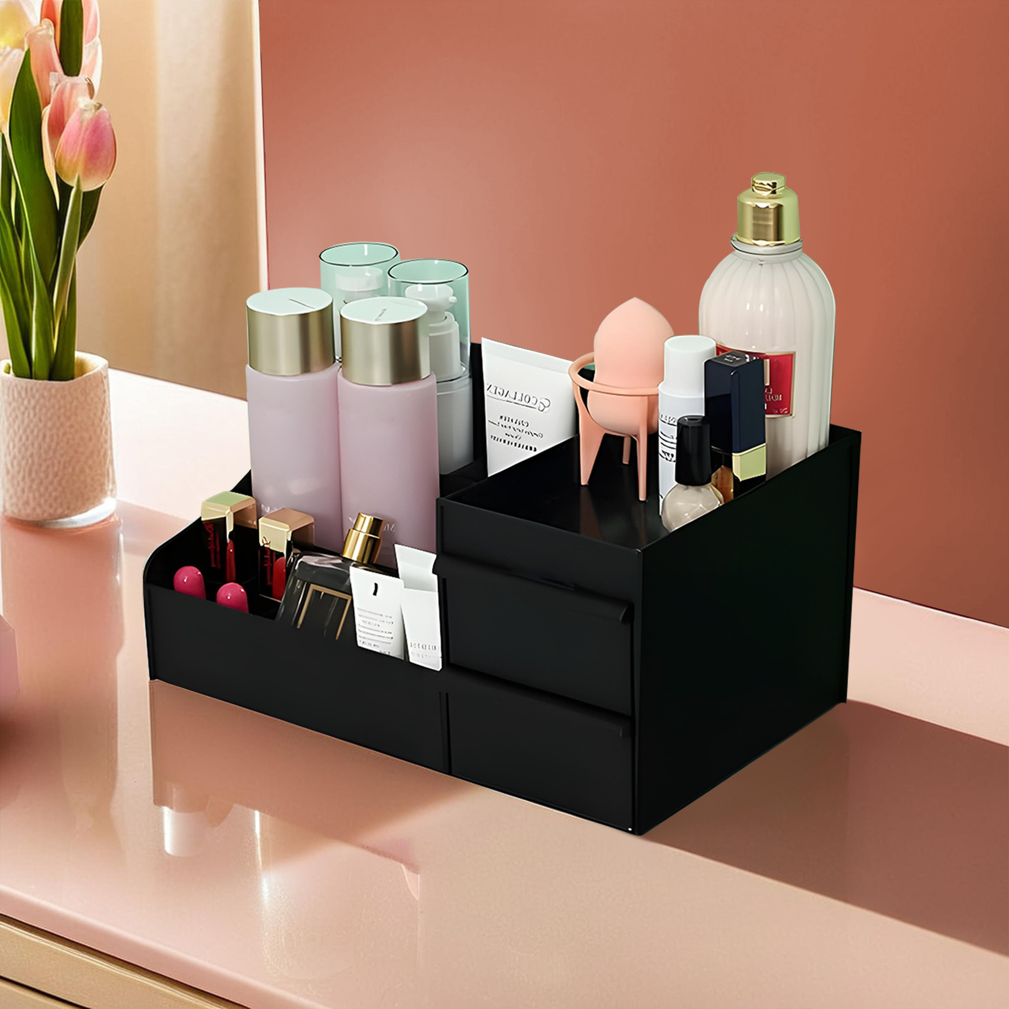 Kuber Industries Multipurpose Plastic Drawer Storage Organizer  Aesthetic Desk Stationary Item  Jewellery Holder for Home  Office  Spacious Cosmetic Organizer Shelf for Women  Black