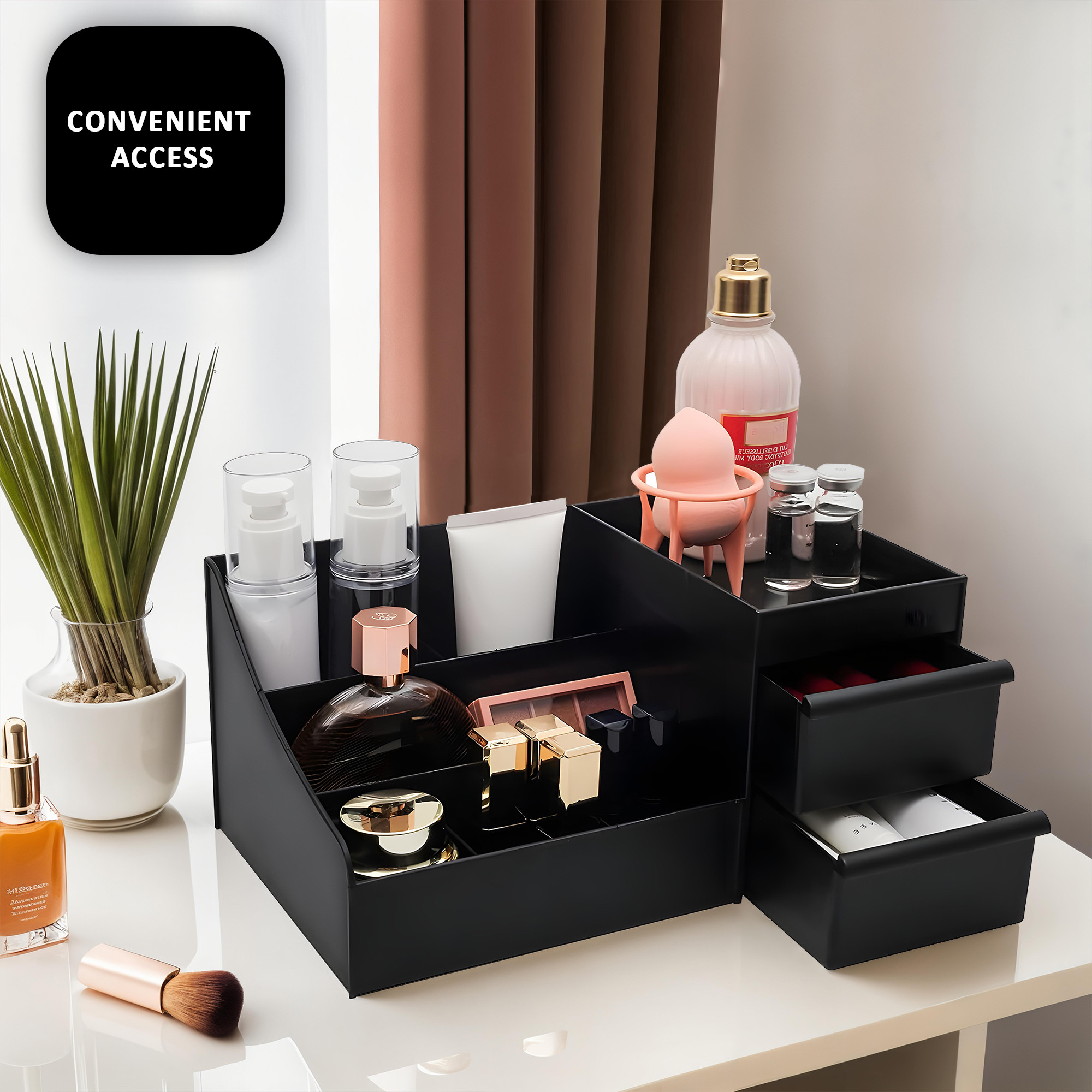 Kuber Industries Multipurpose Plastic Drawer Storage Organizer  Aesthetic Desk Stationary Item  Jewellery Holder for Home  Office  Spacious Cosmetic Organizer Shelf for Women  Black