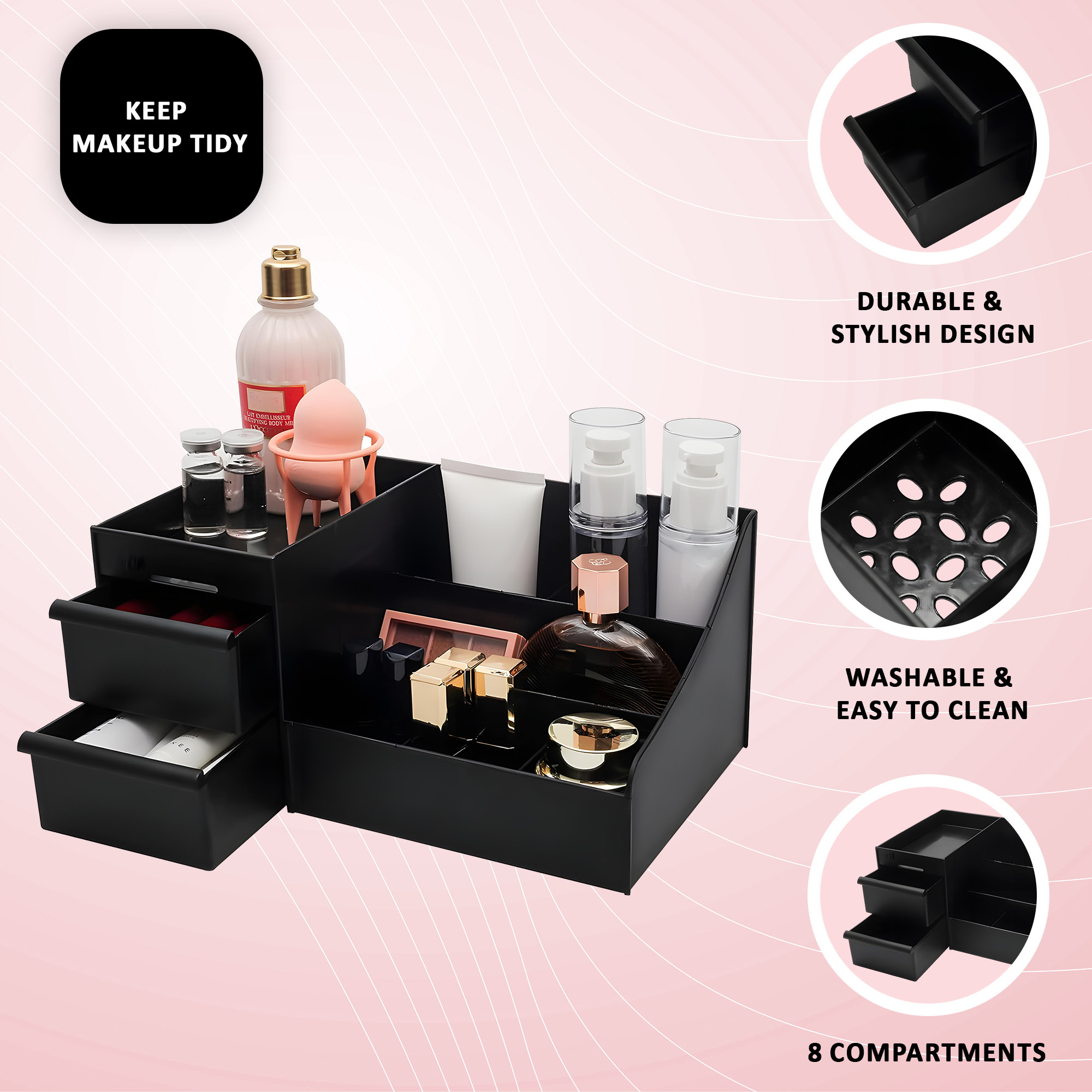 Kuber Industries Multipurpose Plastic Drawer Storage Organizer  Aesthetic Desk Stationary Item  Jewellery Holder for Home  Office  Spacious Cosmetic Organizer Shelf for Women  Black