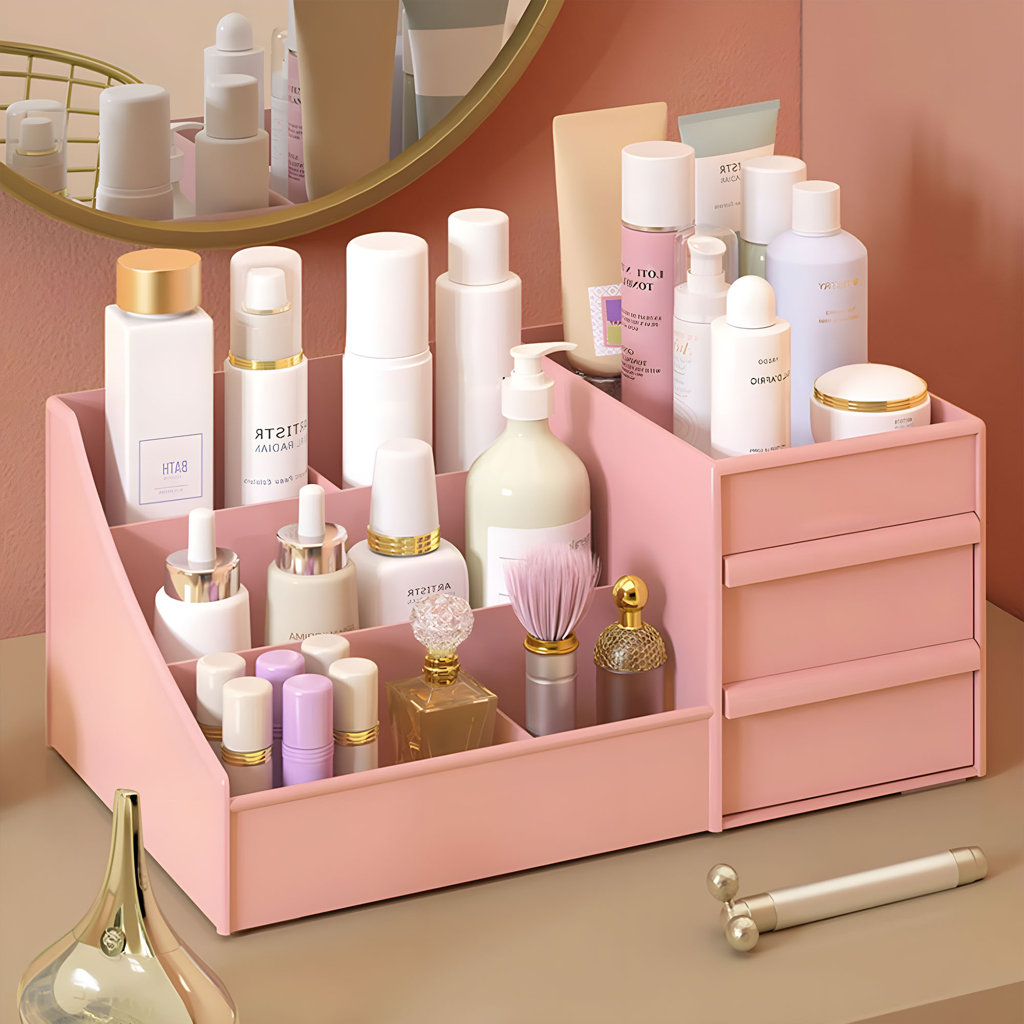 Kuber Industries Multipurpose Plastic Drawer Storage Organizer  Aesthetic Desk Stationary Item  Jewellery Holder for Home  Office  Spacious Cosmetic Organizer Shelf for Women  Peach