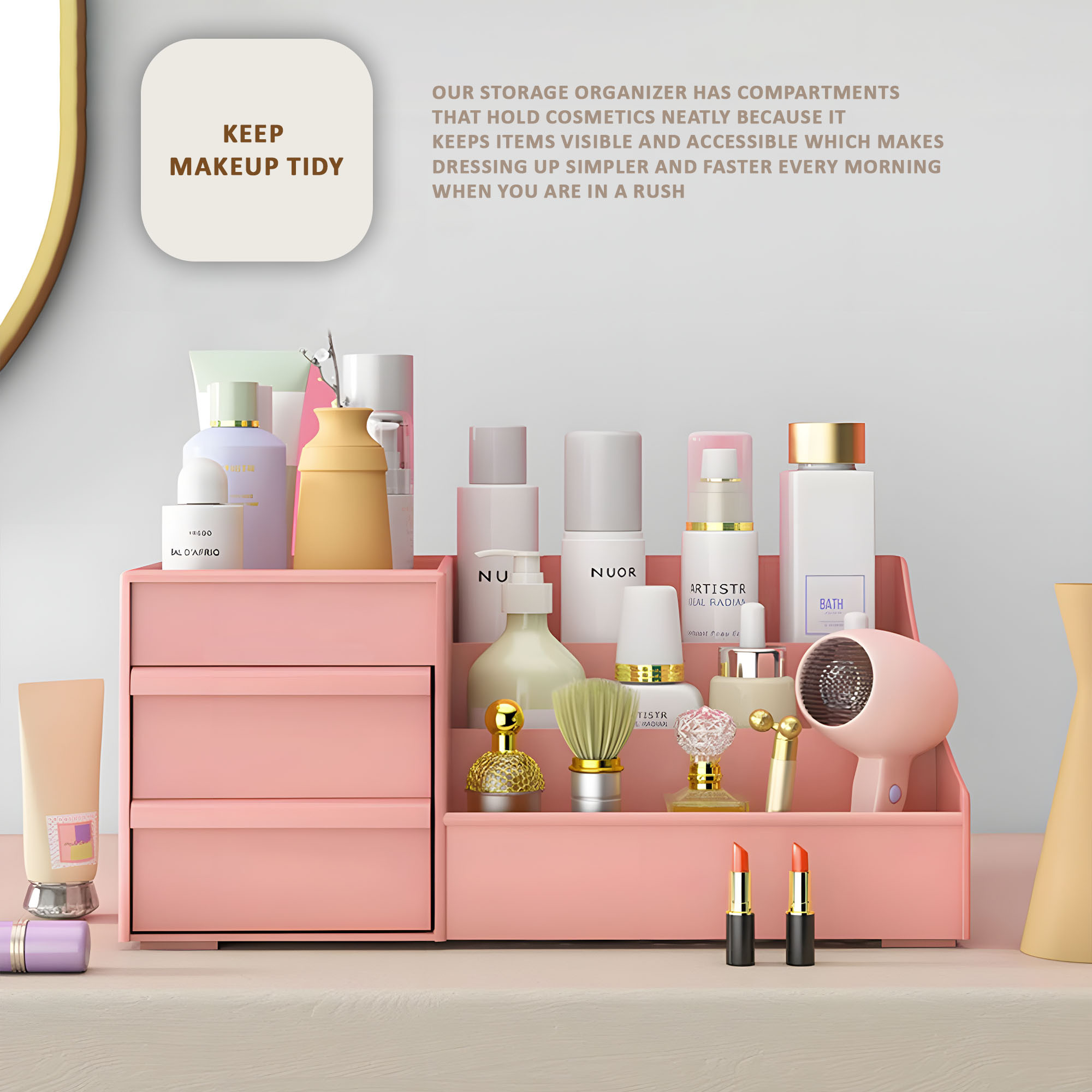 Kuber Industries Multipurpose Plastic Drawer Storage Organizer  Aesthetic Desk Stationary Item  Jewellery Holder for Home  Office  Spacious Cosmetic Organizer Shelf for Women  Peach