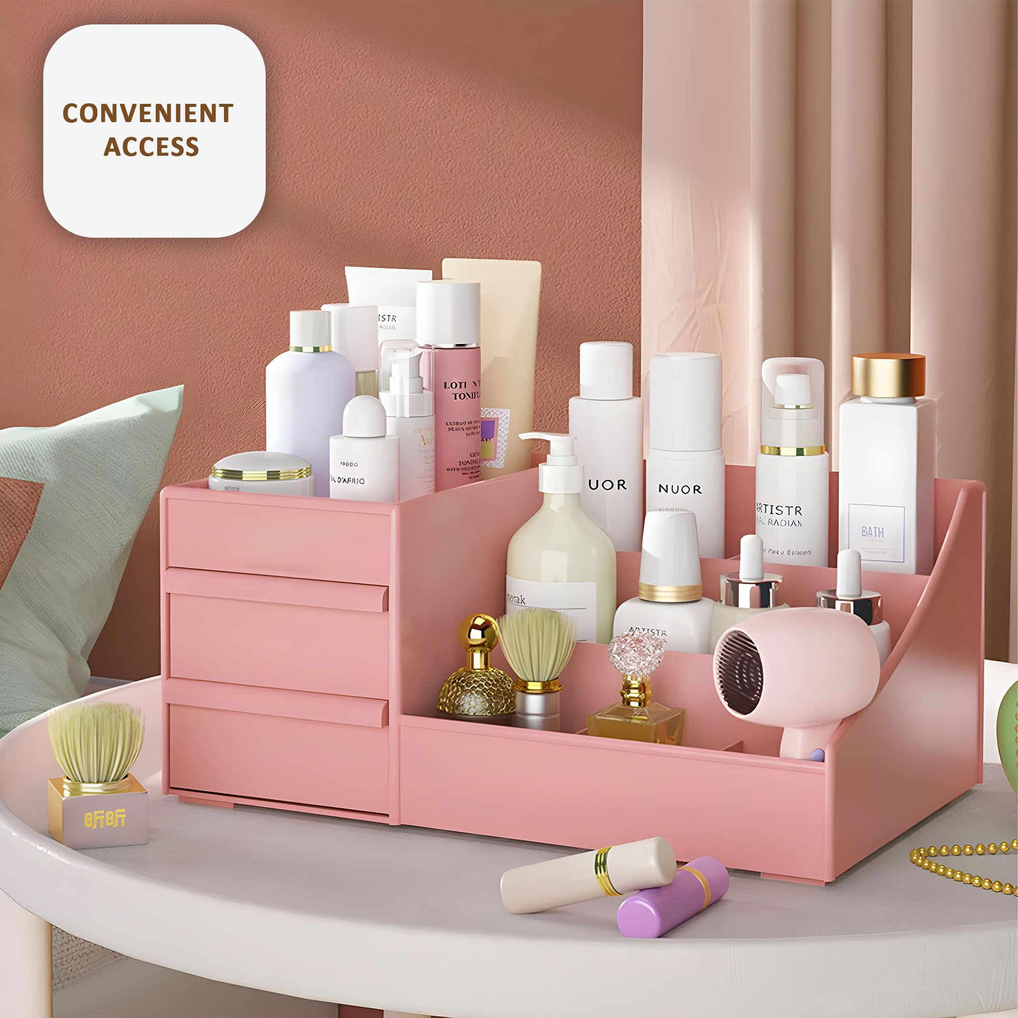 Kuber Industries Multipurpose Plastic Drawer Storage Organizer  Aesthetic Desk Stationary Item  Jewellery Holder for Home  Office  Spacious Cosmetic Organizer Shelf for Women  Peach