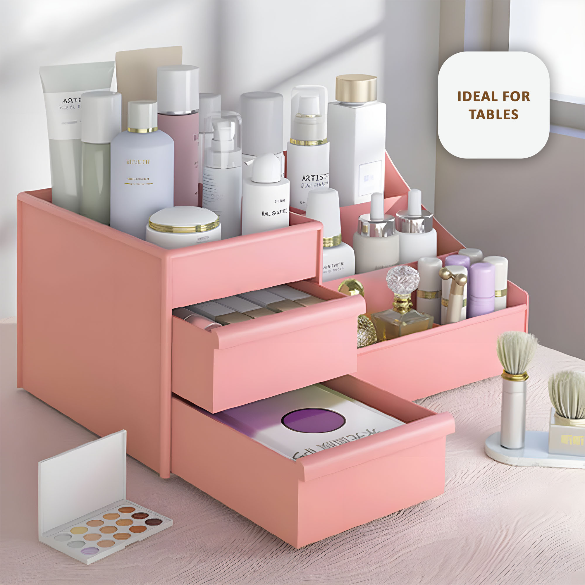 Kuber Industries Multipurpose Plastic Drawer Storage Organizer  Aesthetic Desk Stationary Item  Jewellery Holder for Home  Office  Spacious Cosmetic Organizer Shelf for Women  Peach