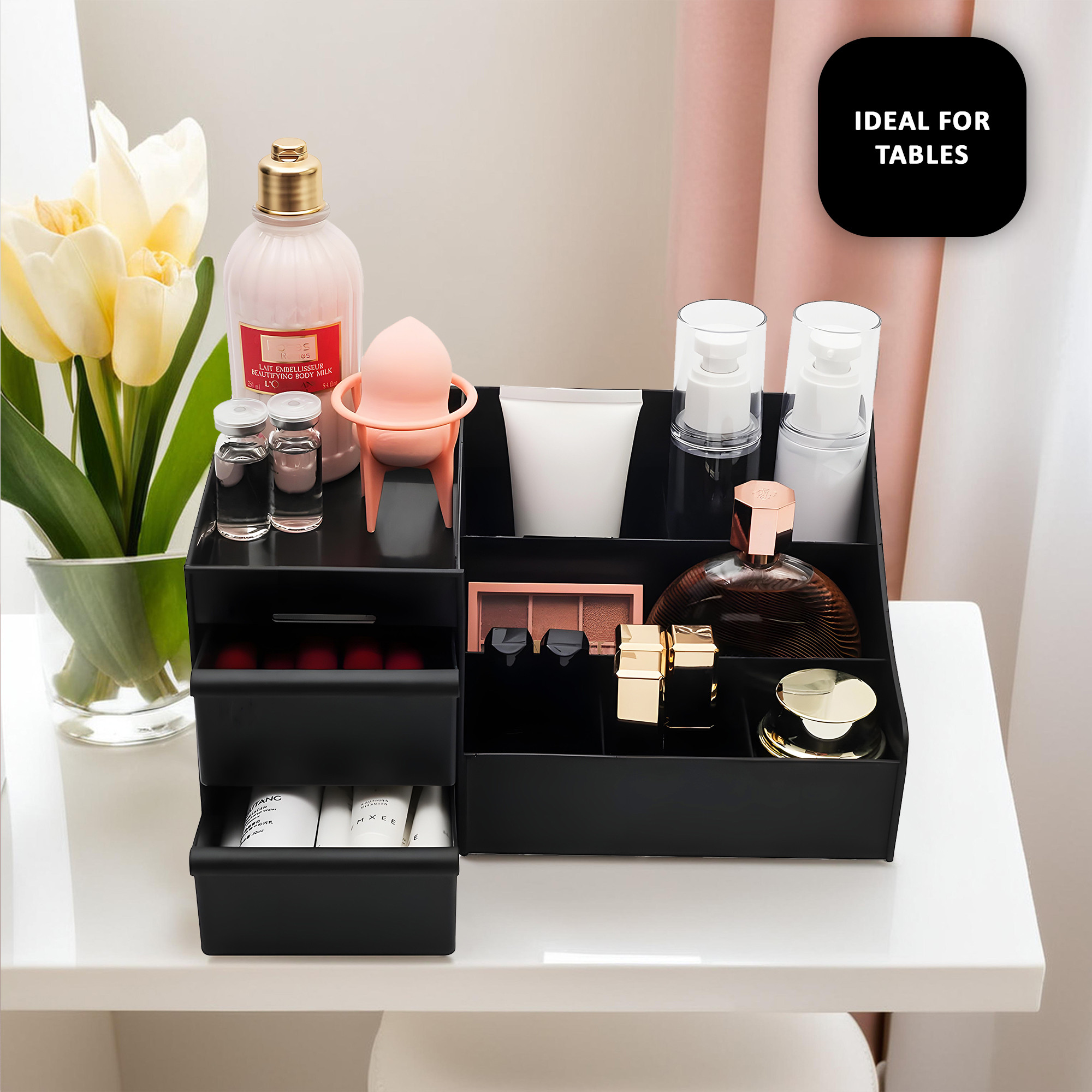 Kuber Industries Multipurpose Plastic Drawer Storage Organizer  Aesthetic Desk Stationary Item  Jewellery Holder for Home  Office  Spacious Cosmetic Organizer Shelf for Women  Black