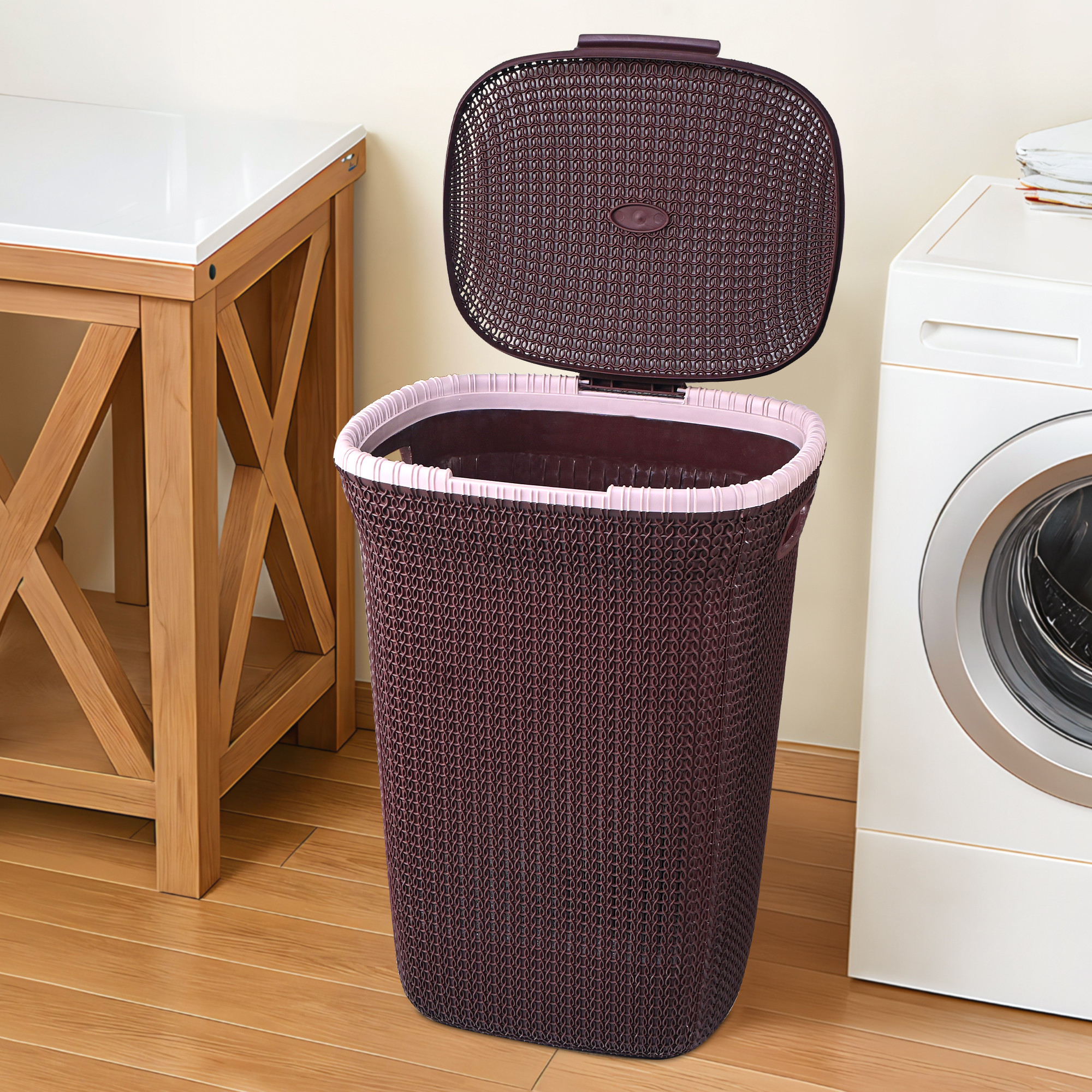 Kuber Industries Multipurpose Plastic Large 55 Ltr Laundry Basket with Lid  Handle  Ideal for Home  Bathroom  Marriott - Dark Brown