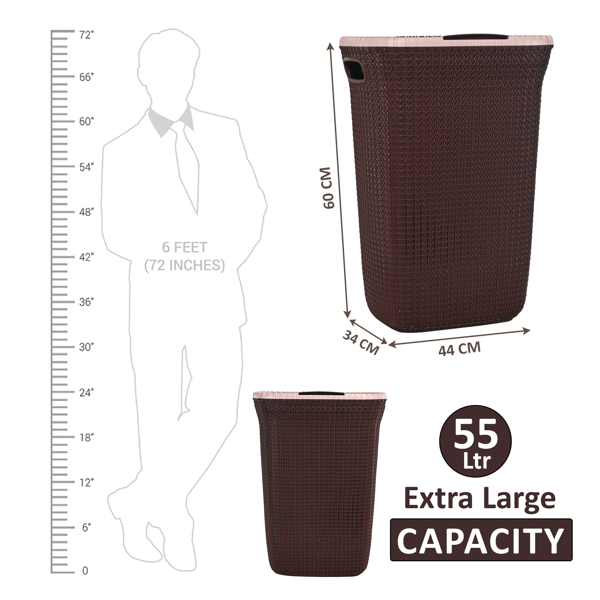 Kuber Industries Multipurpose Plastic Large 55 Ltr Laundry Basket with Lid  Handle  Ideal for Home  Bathroom  Marriott - Dark Brown