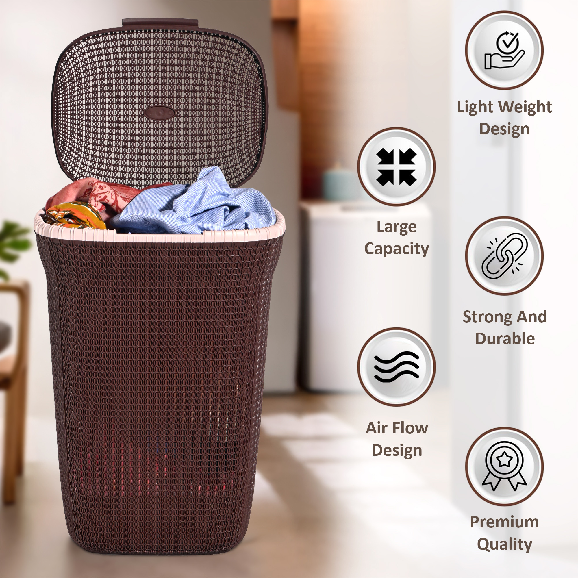 Kuber Industries Multipurpose Plastic Large 55 Ltr Laundry Basket with Lid  Handle  Ideal for Home  Bathroom  Marriott - Dark Brown