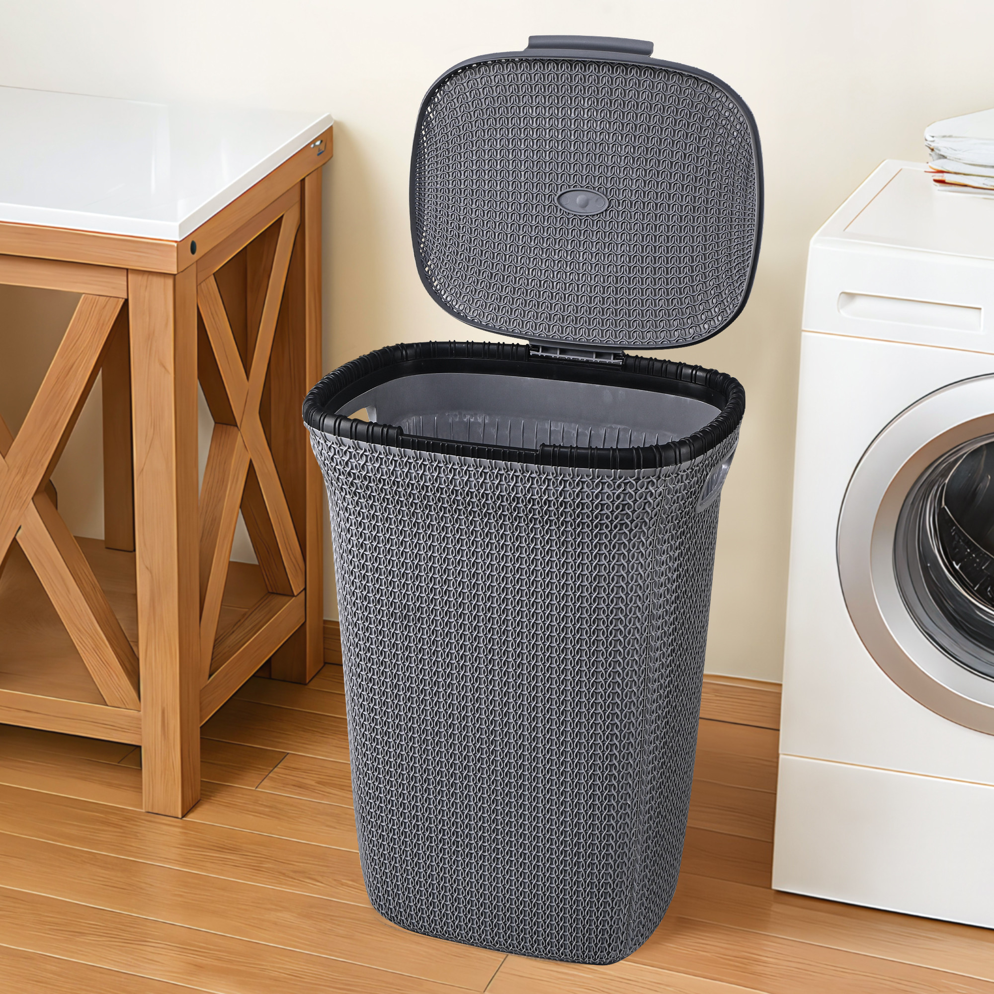 Kuber Industries Multipurpose Plastic Large 55 Ltr Laundry Basket with Lid  Handle  Ideal for Home  Bathroom  Marriott - Dark Grey