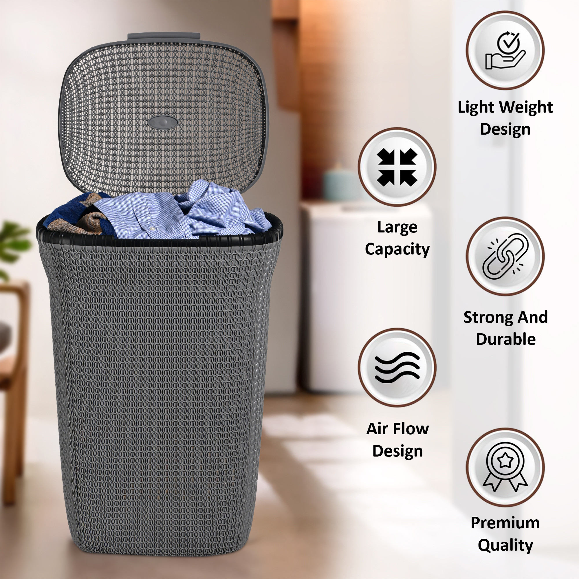Kuber Industries Multipurpose Plastic Large 55 Ltr Laundry Basket with Lid  Handle  Ideal for Home  Bathroom  Marriott - Dark Grey