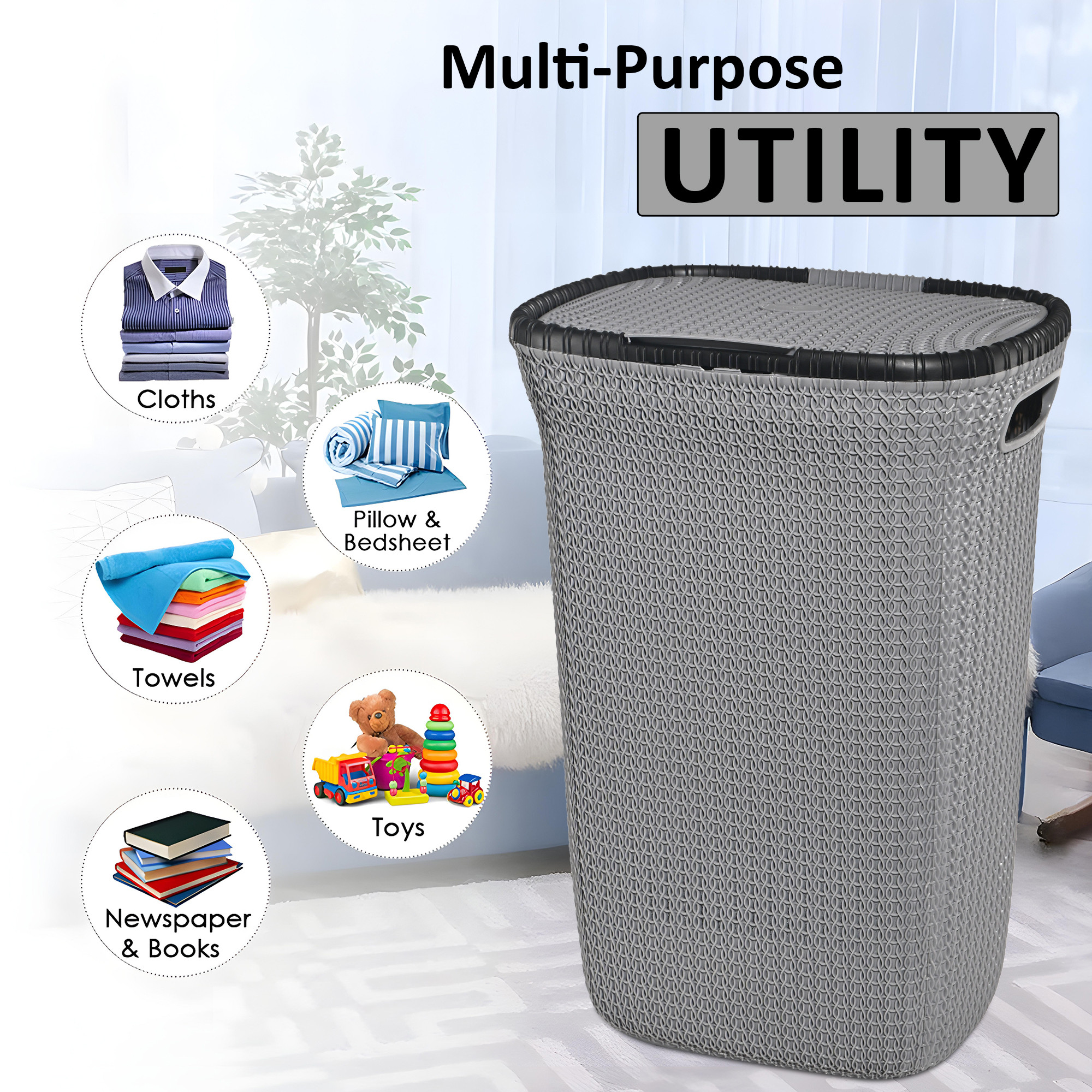 Kuber Industries Multipurpose Plastic Large 55 Ltr Laundry Basket with Lid  Handle  Ideal for Home  Bathroom  Marriott - Dark Grey