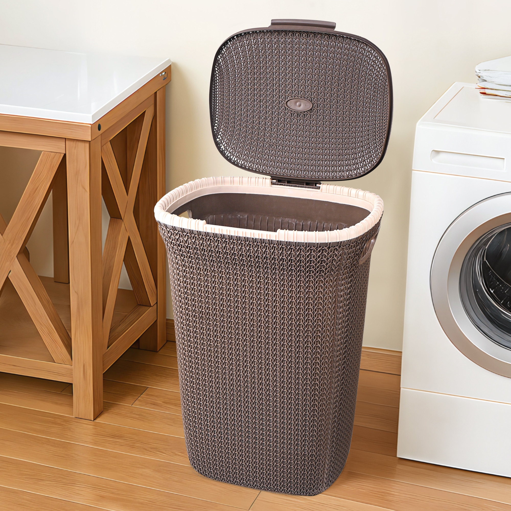 Kuber Industries Multipurpose Plastic Large 55 Ltr Laundry Basket with Lid  Handle  Ideal for Home  Bathroom  Marriott - Light Brown
