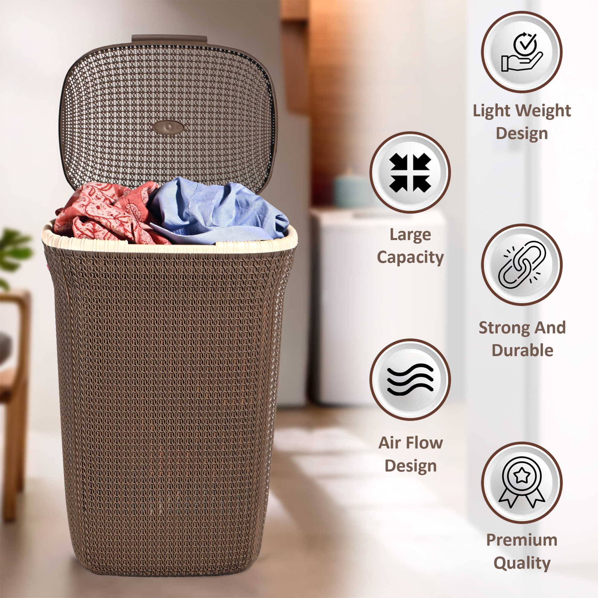 Kuber Industries Multipurpose Plastic Large 55 Ltr Laundry Basket with Lid  Handle  Ideal for Home  Bathroom  Marriott - Light Brown