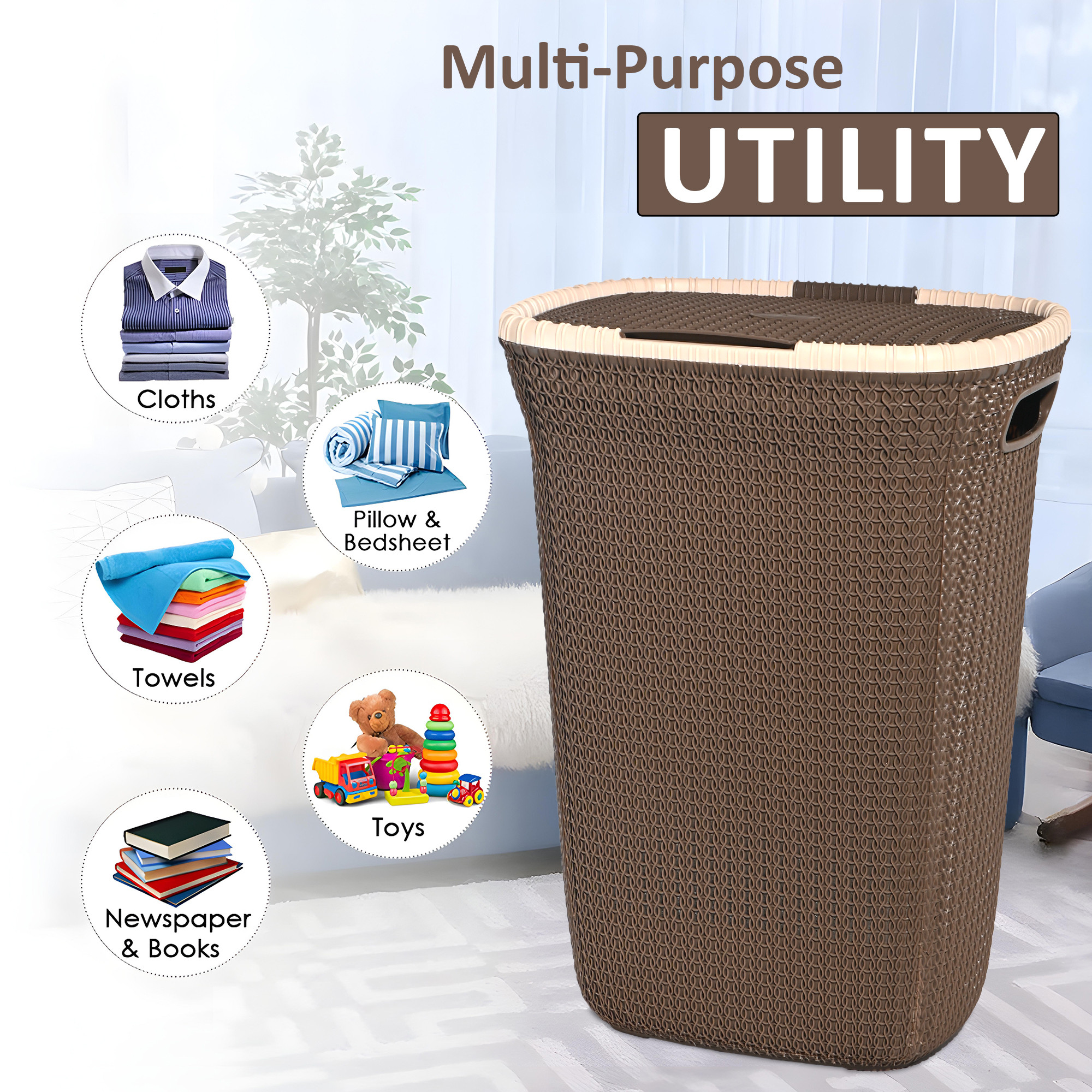 Kuber Industries Multipurpose Plastic Large 55 Ltr Laundry Basket with Lid  Handle  Ideal for Home  Bathroom  Marriott - Light Brown