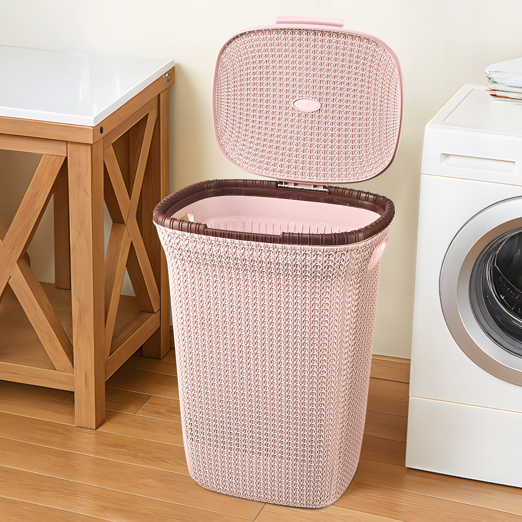Kuber Industries Multipurpose Plastic Large 55 Ltr Laundry Basket with Lid  Handle  Ideal for Home  Bathroom  Marriott - Rose Gold