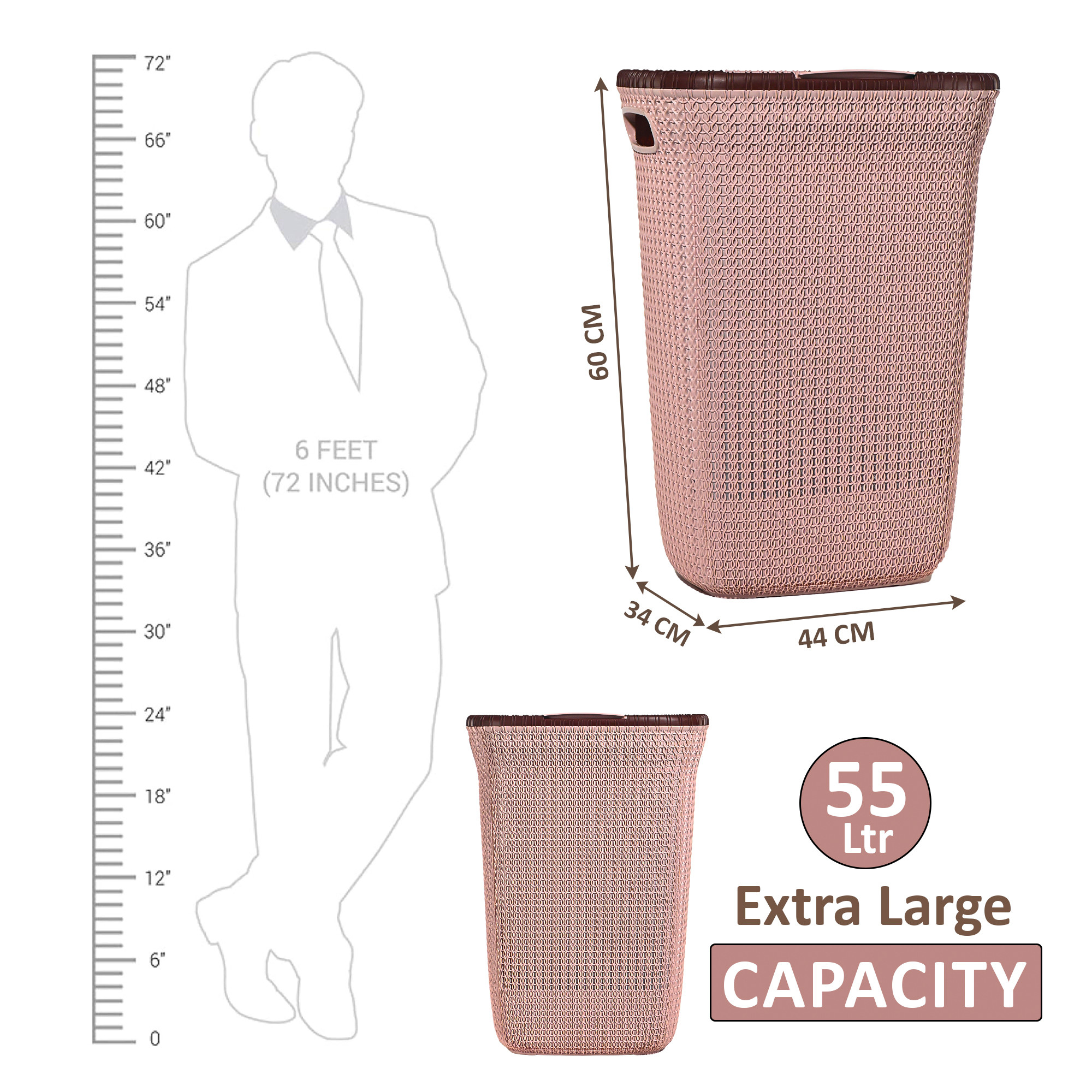 Kuber Industries Multipurpose Plastic Large 55 Ltr Laundry Basket with Lid  Handle  Ideal for Home  Bathroom  Marriott - Rose Gold
