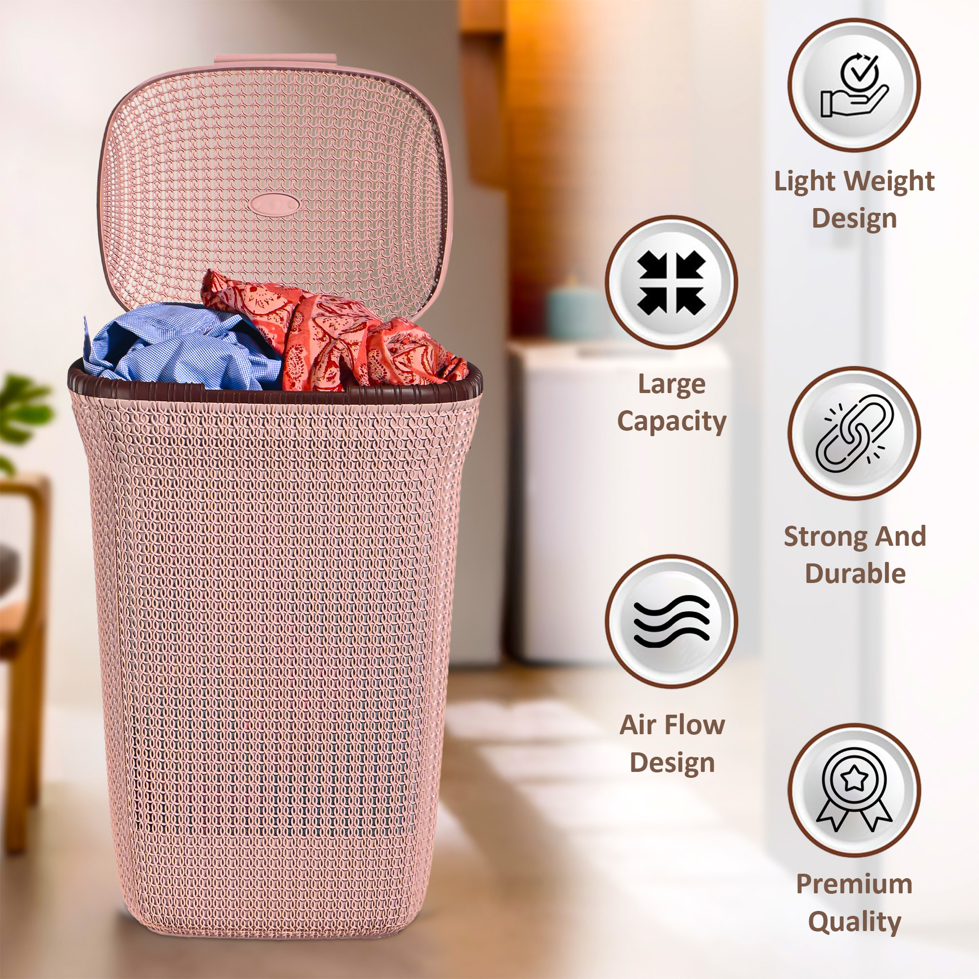 Kuber Industries Multipurpose Plastic Large 55 Ltr Laundry Basket with Lid  Handle  Ideal for Home  Bathroom  Marriott - Rose Gold