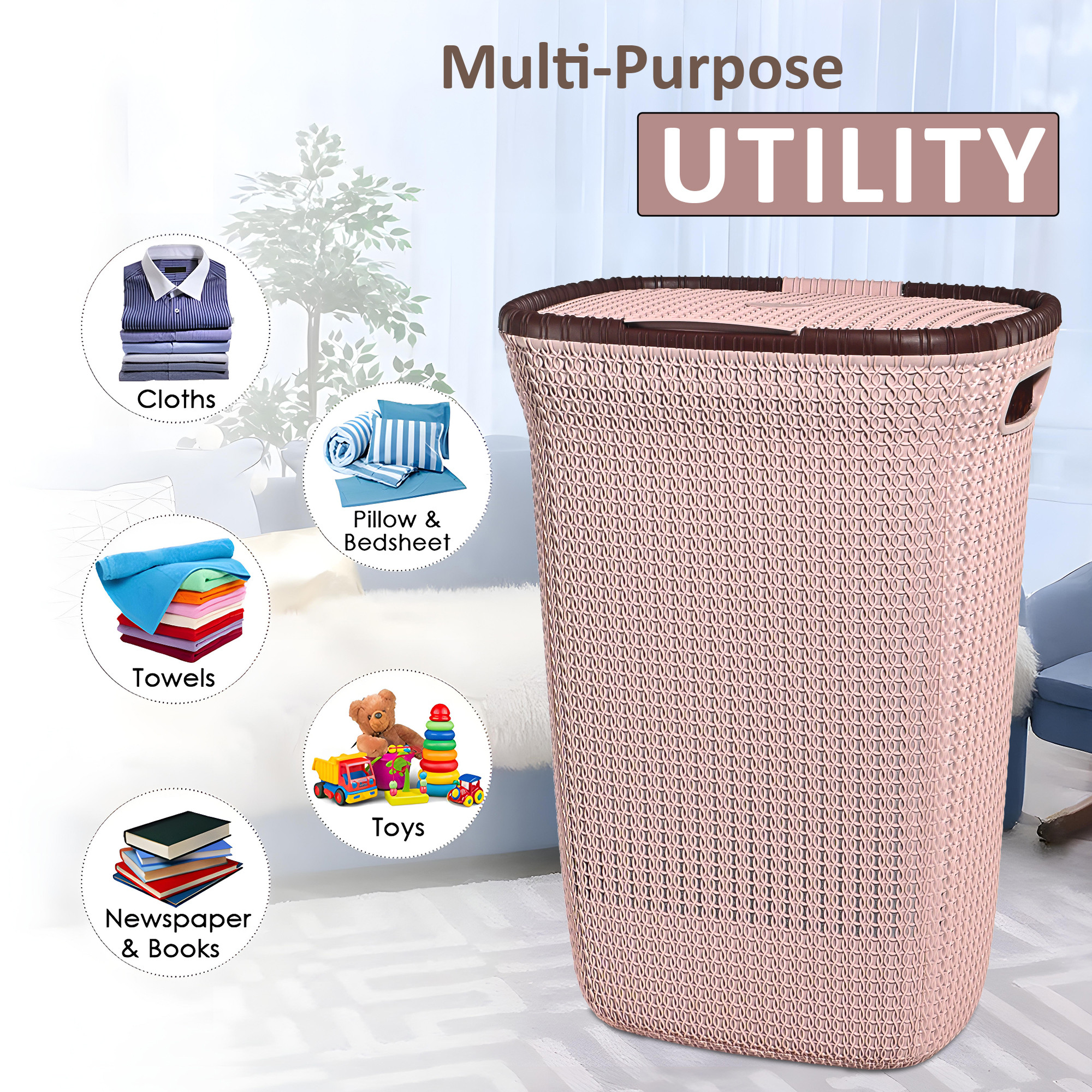 Kuber Industries Multipurpose Plastic Large 55 Ltr Laundry Basket with Lid  Handle  Ideal for Home  Bathroom  Marriott - Rose Gold
