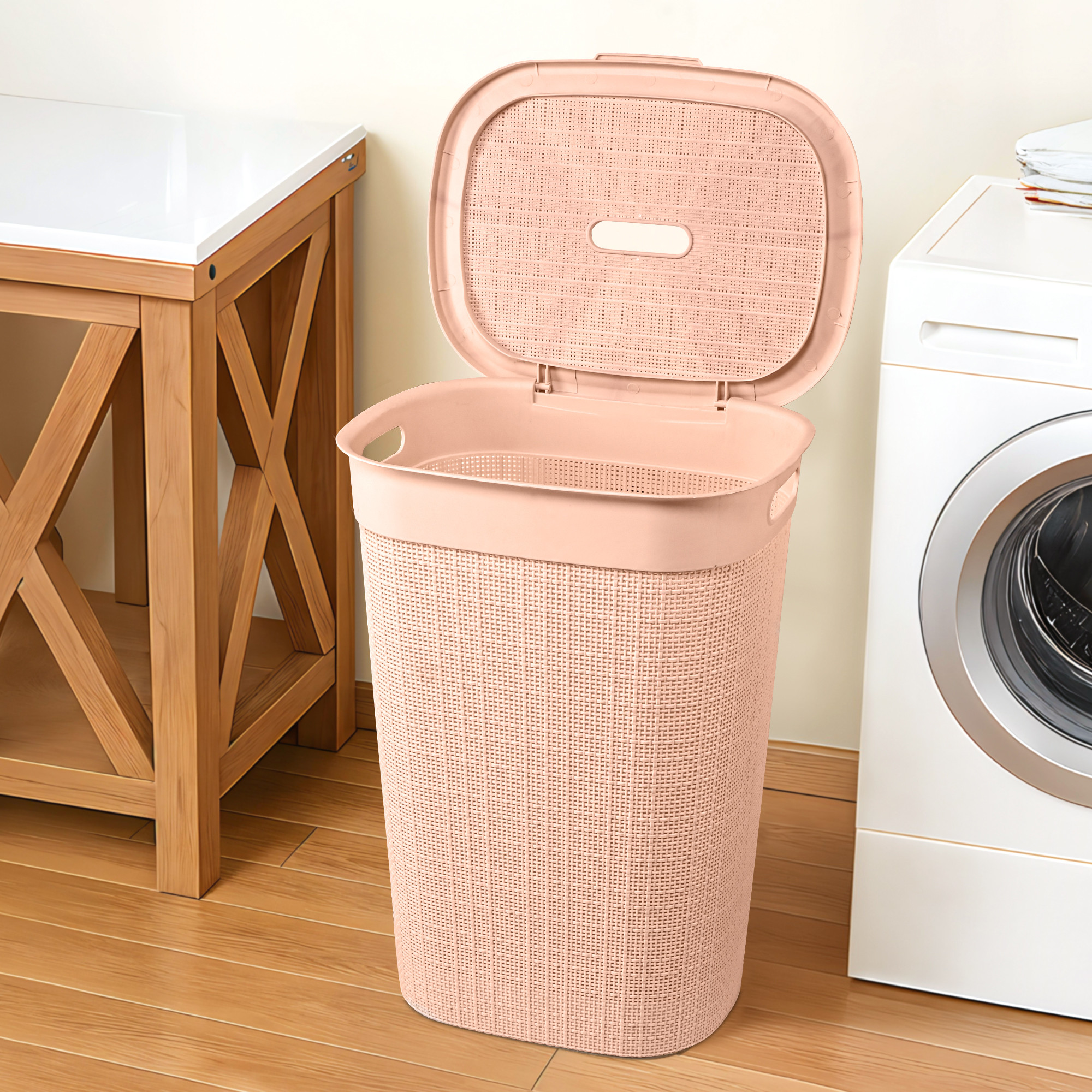 Kuber Industries Multipurpose Plastic Large 55 Ltr Laundry Basket with Lid  Handle  Storing Washable Clothes Blankets  Woods - Cream