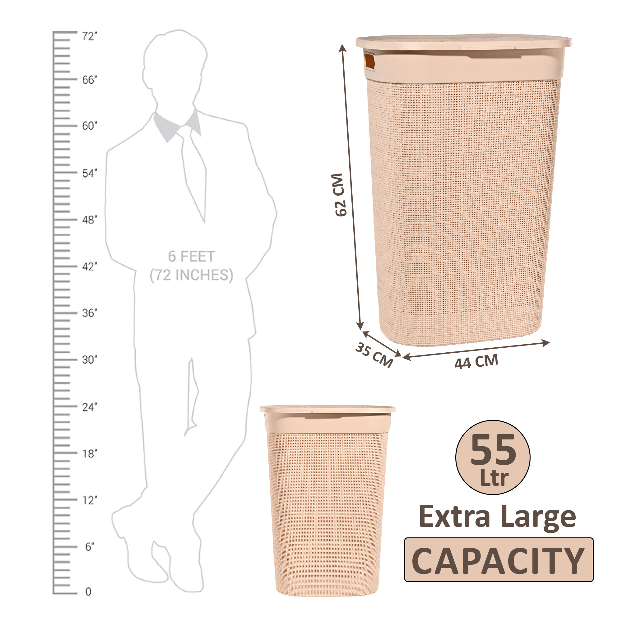 Kuber Industries Multipurpose Plastic Large 55 Ltr Laundry Basket with Lid  Handle  Storing Washable Clothes Blankets  Woods - Cream