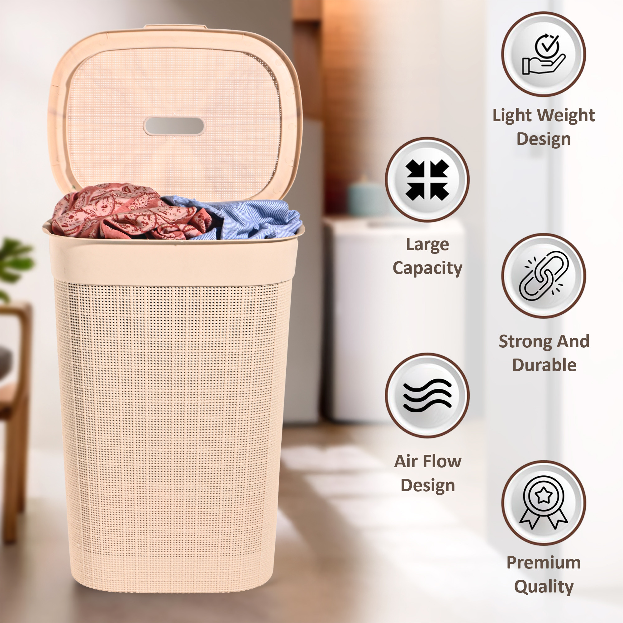 Kuber Industries Multipurpose Plastic Large 55 Ltr Laundry Basket with Lid  Handle  Storing Washable Clothes Blankets  Woods - Cream