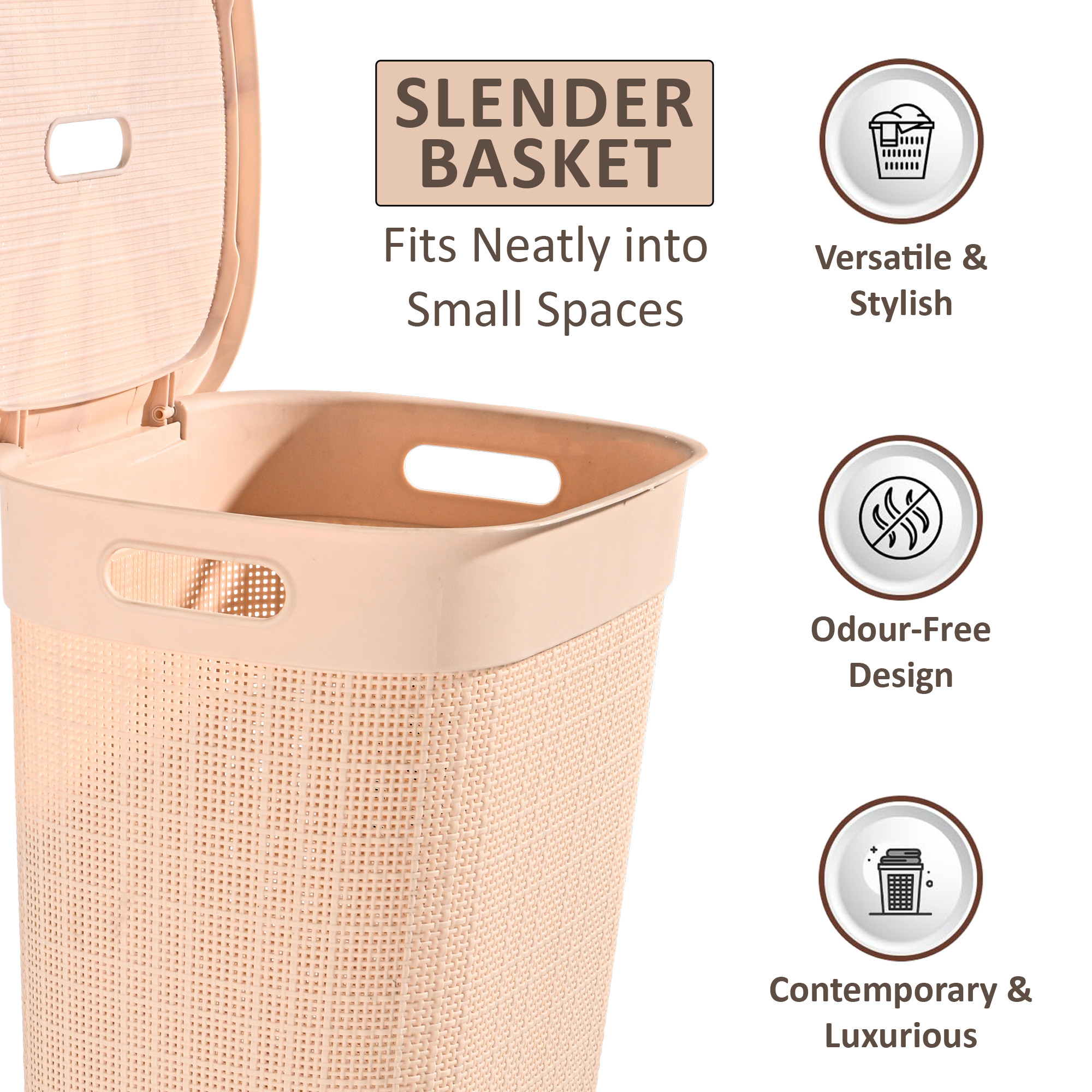 Kuber Industries Multipurpose Plastic Large 55 Ltr Laundry Basket with Lid  Handle  Storing Washable Clothes Blankets  Woods - Cream
