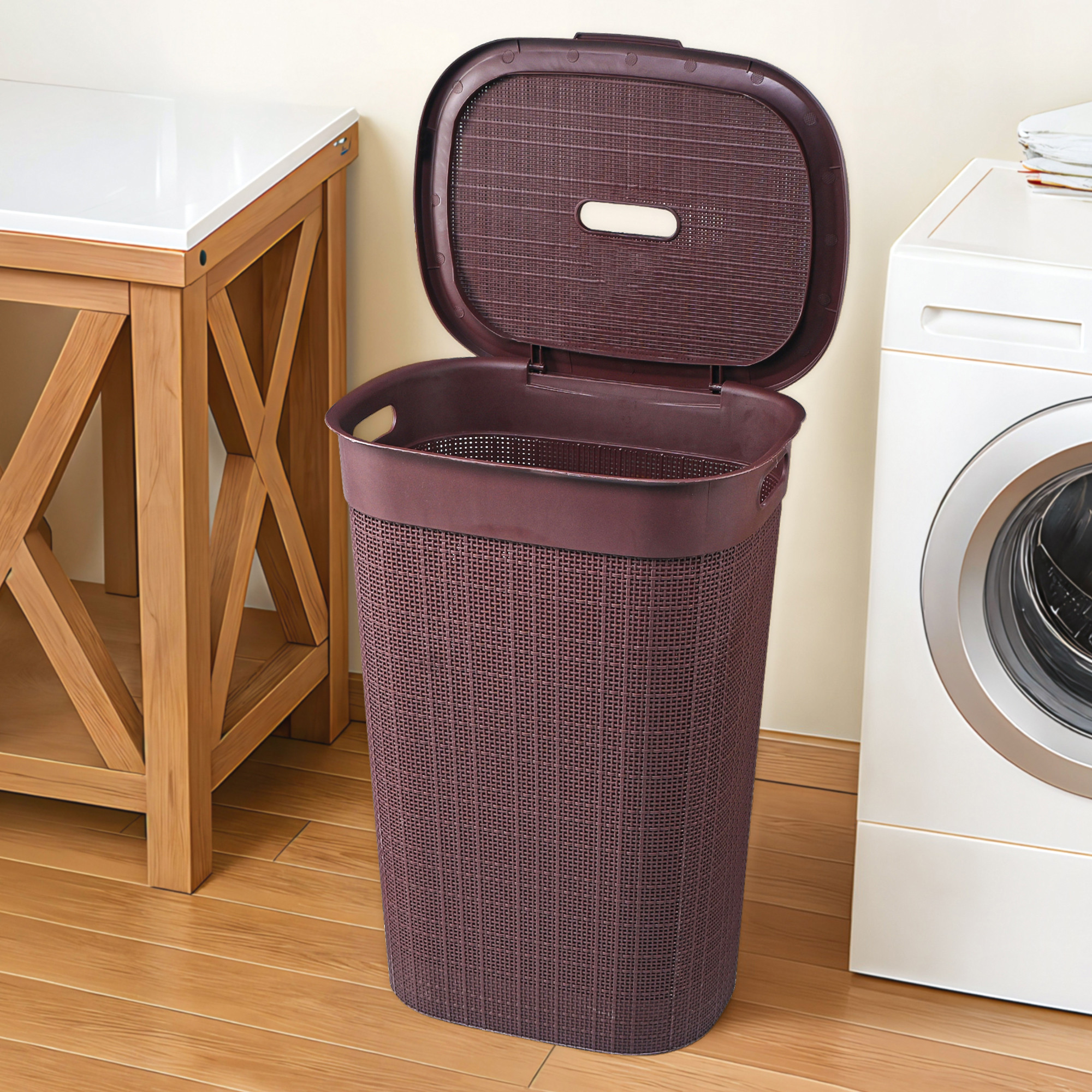 Kuber Industries Multipurpose Plastic Large 55 Ltr Laundry Basket with Lid  Handle  Storing Washable Clothes Blankets  Woods - Dark Brown
