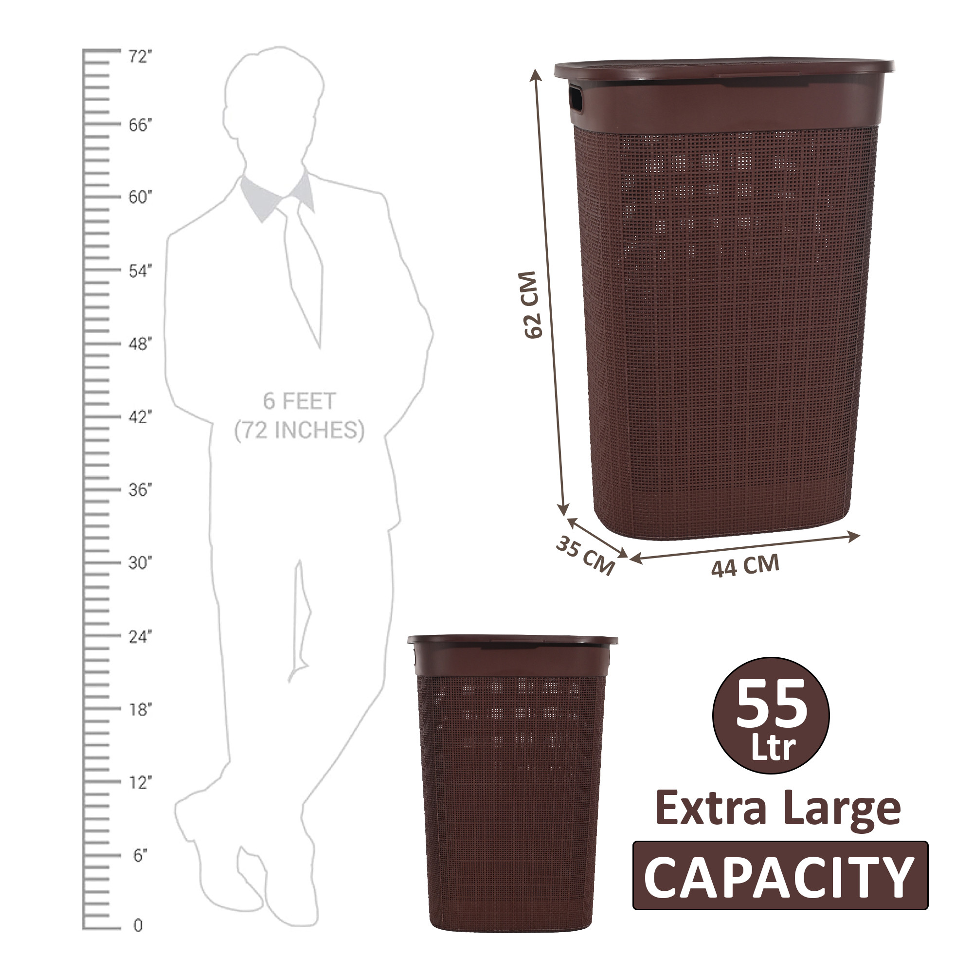 Kuber Industries Multipurpose Plastic Large 55 Ltr Laundry Basket with Lid  Handle  Storing Washable Clothes Blankets  Woods - Dark Brown