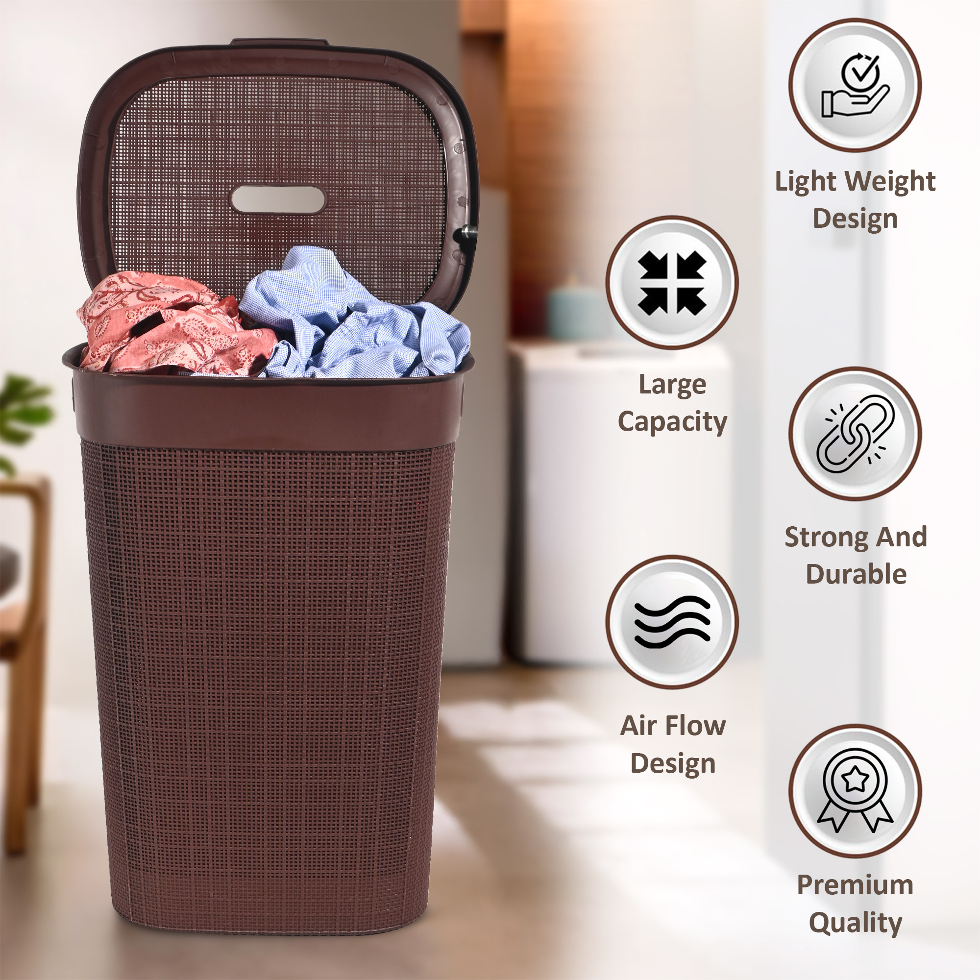 Kuber Industries Multipurpose Plastic Large 55 Ltr Laundry Basket with Lid  Handle  Storing Washable Clothes Blankets  Woods - Dark Brown