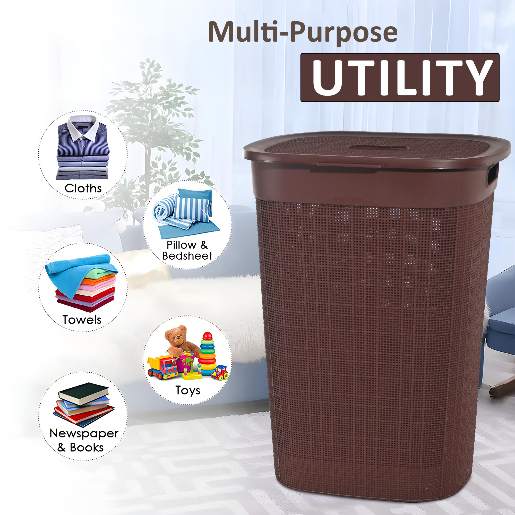Kuber Industries Multipurpose Plastic Large 55 Ltr Laundry Basket with Lid  Handle  Storing Washable Clothes Blankets  Woods - Dark Brown
