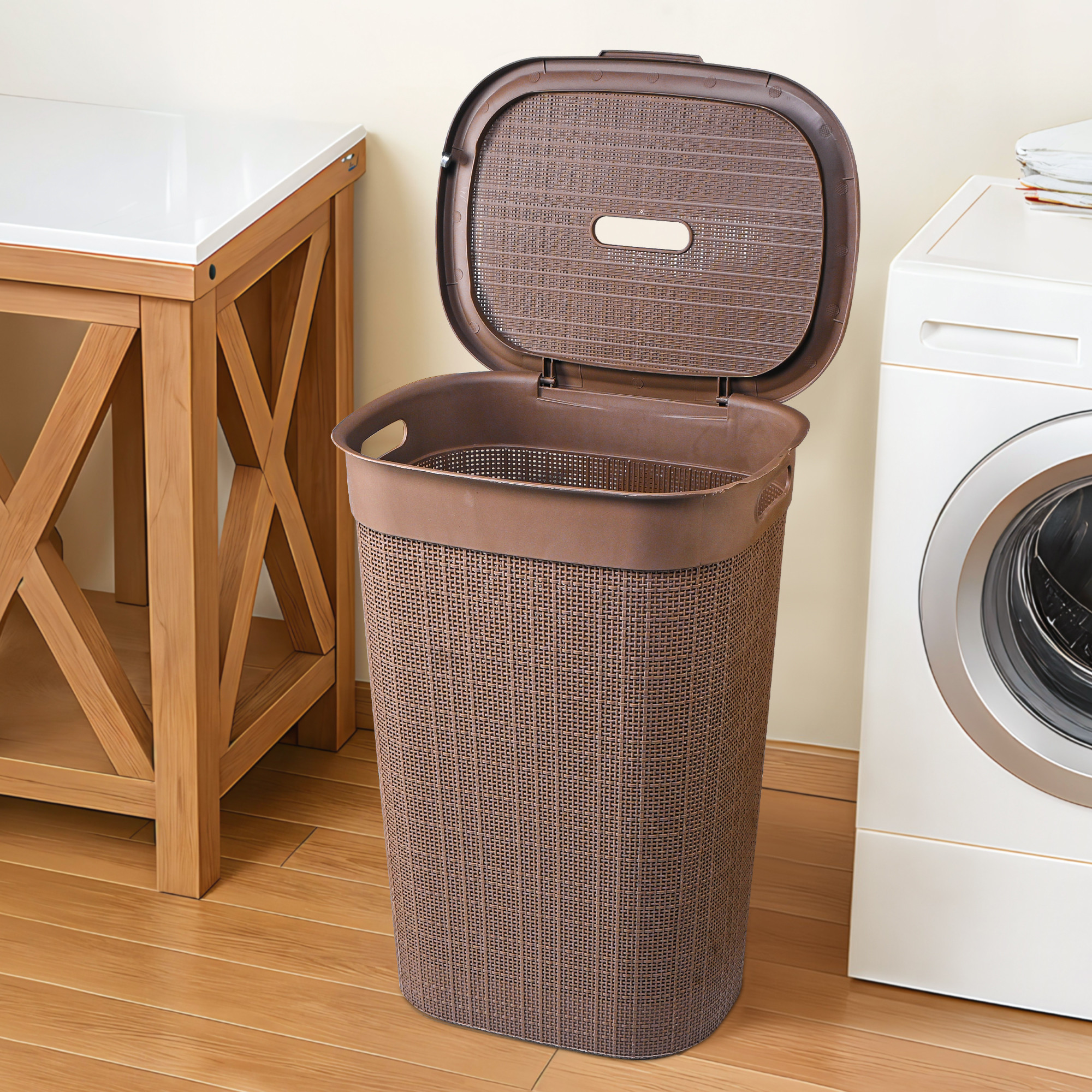 Kuber Industries Multipurpose Plastic Large 55 Ltr Laundry Basket with Lid  Handle  Storing Washable Clothes Blankets  Woods - Light Brown