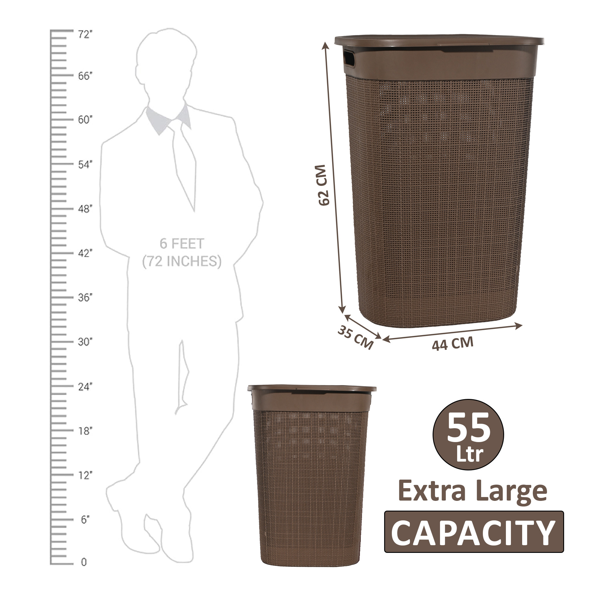 Kuber Industries Multipurpose Plastic Large 55 Ltr Laundry Basket with Lid  Handle  Storing Washable Clothes Blankets  Woods - Light Brown