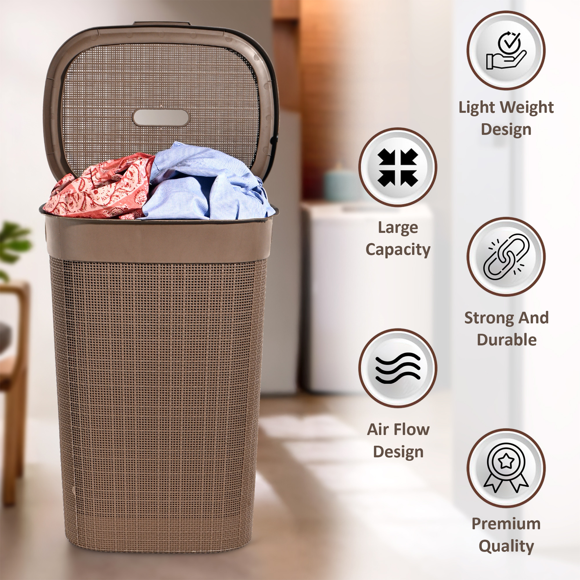 Kuber Industries Multipurpose Plastic Large 55 Ltr Laundry Basket with Lid  Handle  Storing Washable Clothes Blankets  Woods - Light Brown