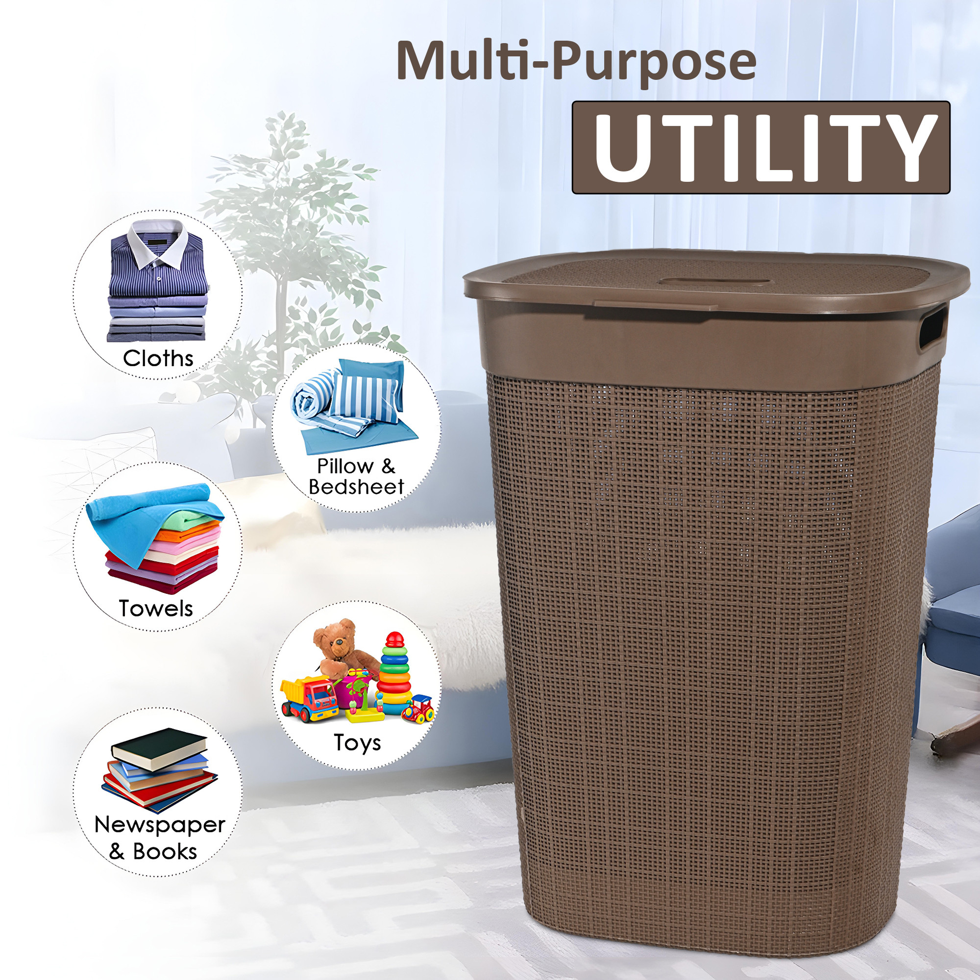 Kuber Industries Multipurpose Plastic Large 55 Ltr Laundry Basket with Lid  Handle  Storing Washable Clothes Blankets  Woods - Light Brown