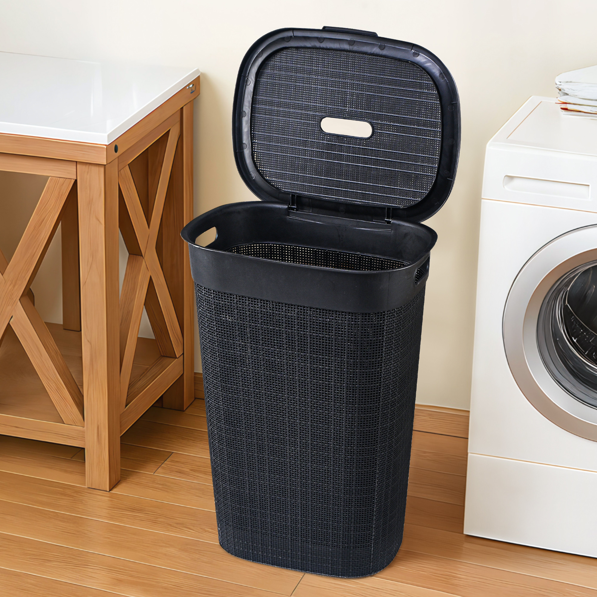 Kuber Industries Multipurpose Plastic Large 55 Ltr Laundry Basket with Lid  Handle  Storing Washable Clothes Blankets  Woods - Black