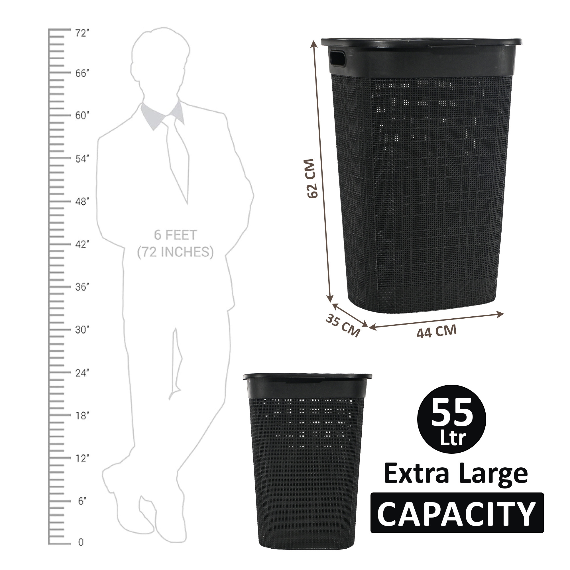 Kuber Industries Multipurpose Plastic Large 55 Ltr Laundry Basket with Lid  Handle  Storing Washable Clothes Blankets  Woods - Black