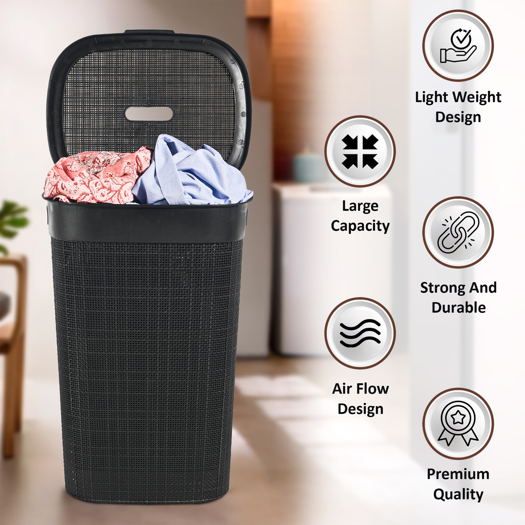 Kuber Industries Multipurpose Plastic Large 55 Ltr Laundry Basket with Lid  Handle  Storing Washable Clothes Blankets  Woods - Black