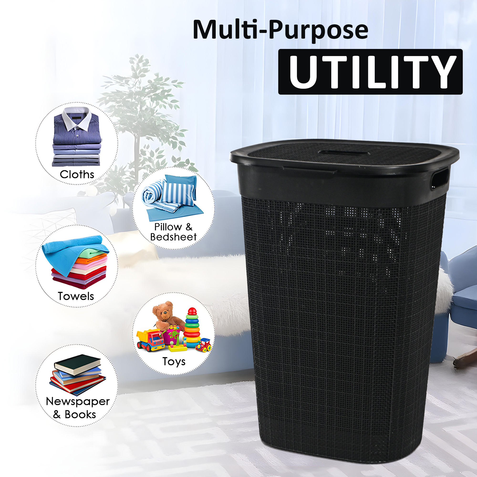 Kuber Industries Multipurpose Plastic Large 55 Ltr Laundry Basket with Lid  Handle  Storing Washable Clothes Blankets  Woods - Black