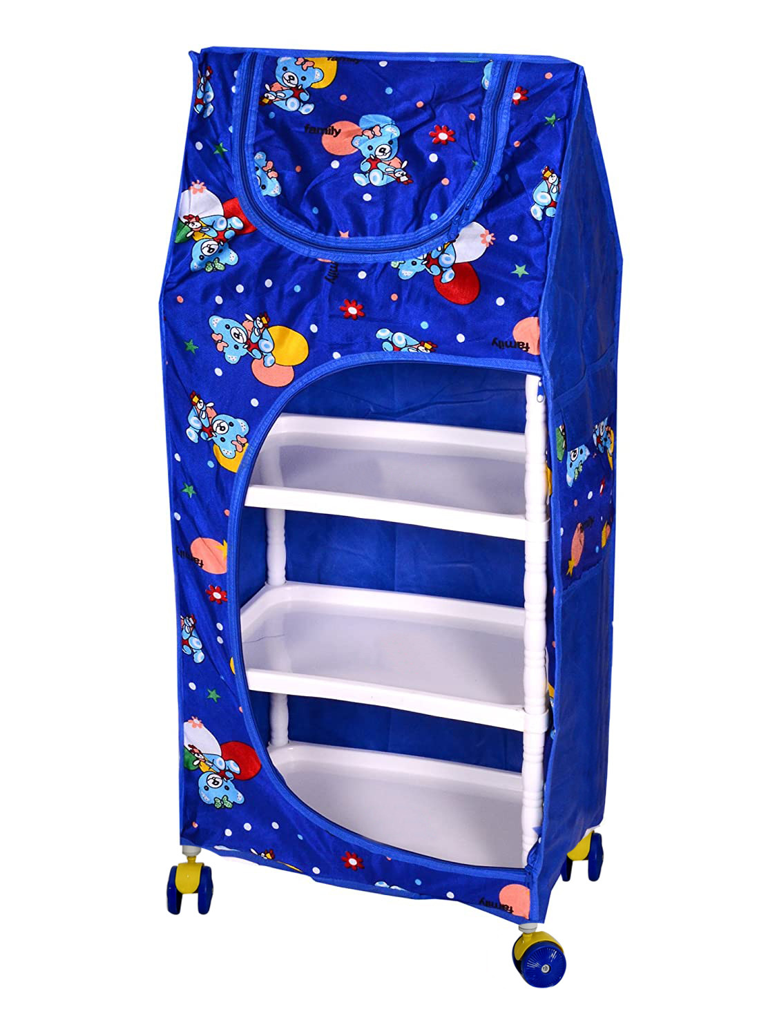 Kuber Industries Multipurpose Plastic Printed Foldable Toy Box/Wardrobe Storage Almirah For Kids With 4 Shelves (Blue)-KUBMART1154