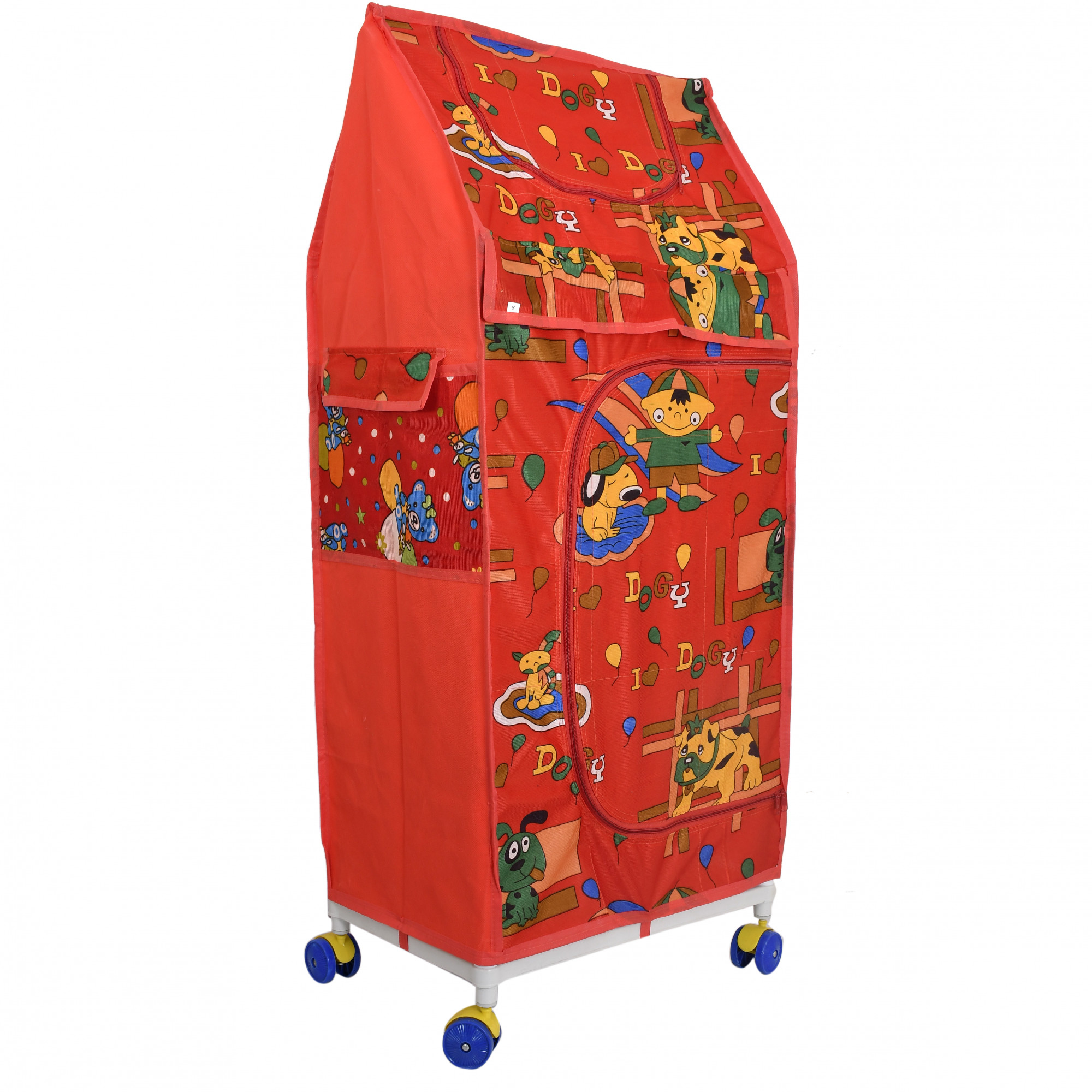 Kuber Industries Multipurpose Plastic Printed Foldable Toy Box/Wardrobe Storage Almirah For Kids With 4 Shelves (Red)-KUBMART1158