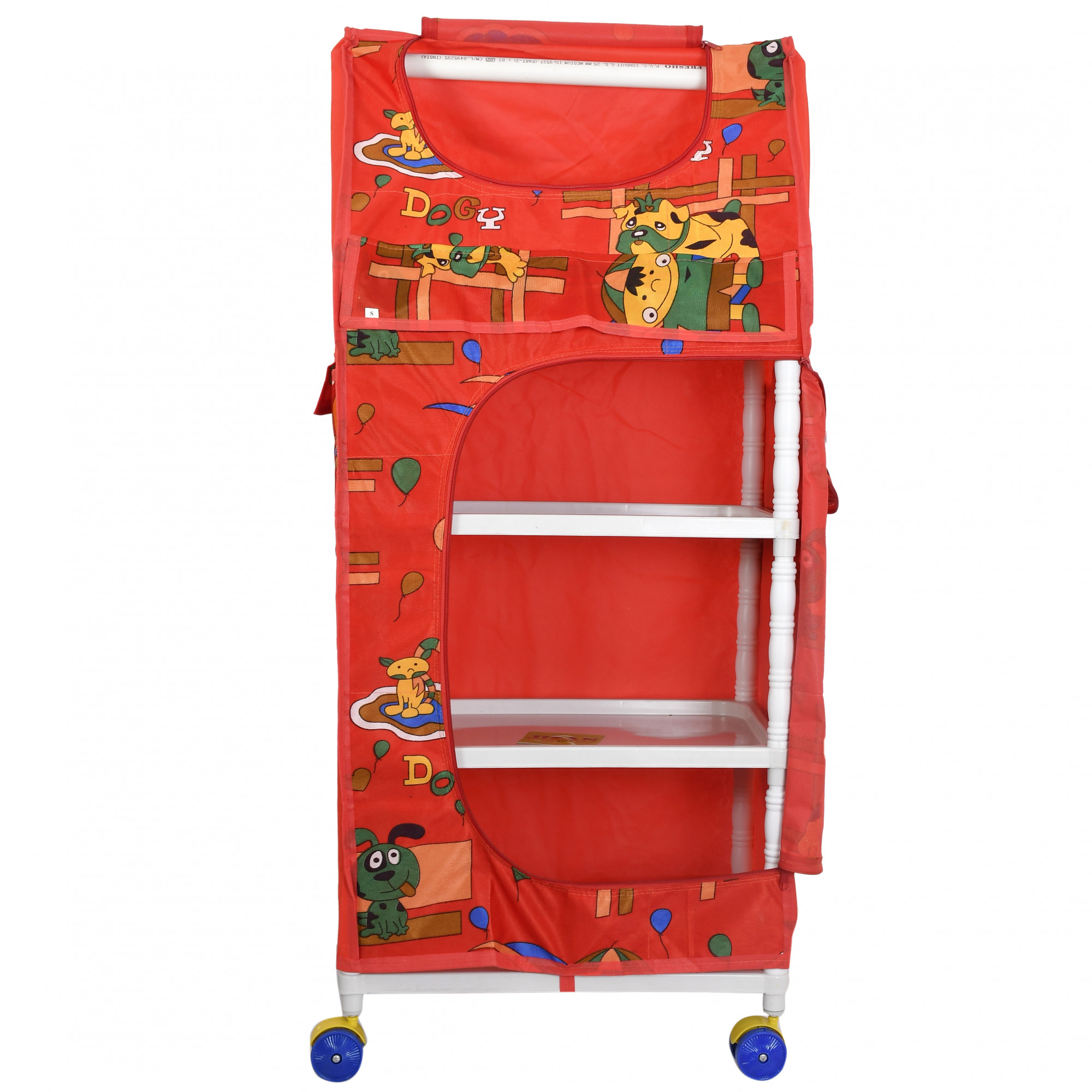 Kuber Industries Multipurpose Plastic Printed Foldable Toy Box/Wardrobe Storage Almirah For Kids With 4 Shelves (Red)-KUBMART1158